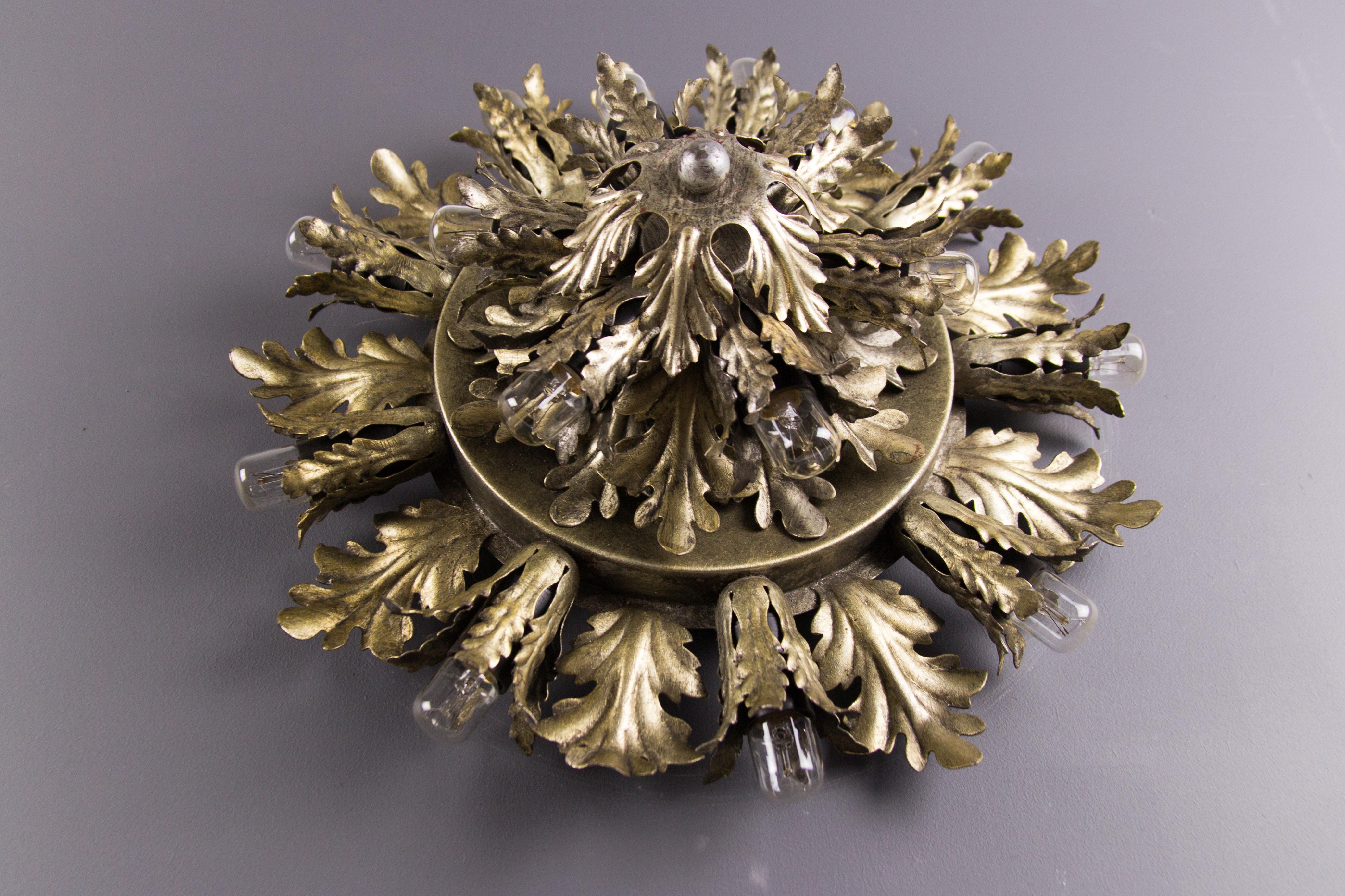 Silver and Gold Color Fifteen-Light Leafed Sunburst Wall or Ceiling Lamp, 1950s 4