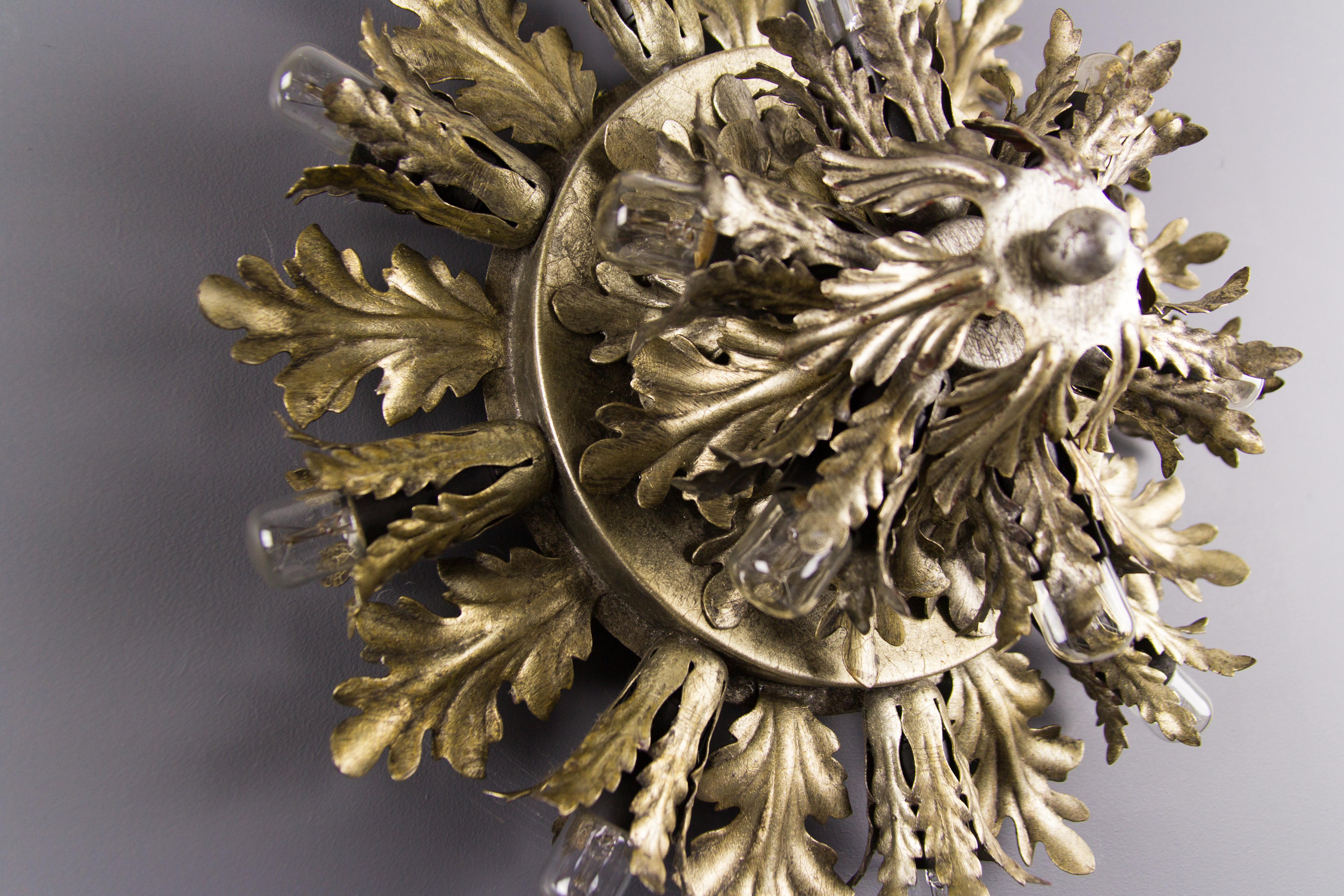 Silver and Gold Color Fifteen-Light Leafed Sunburst Wall or Ceiling Lamp, 1950s 5