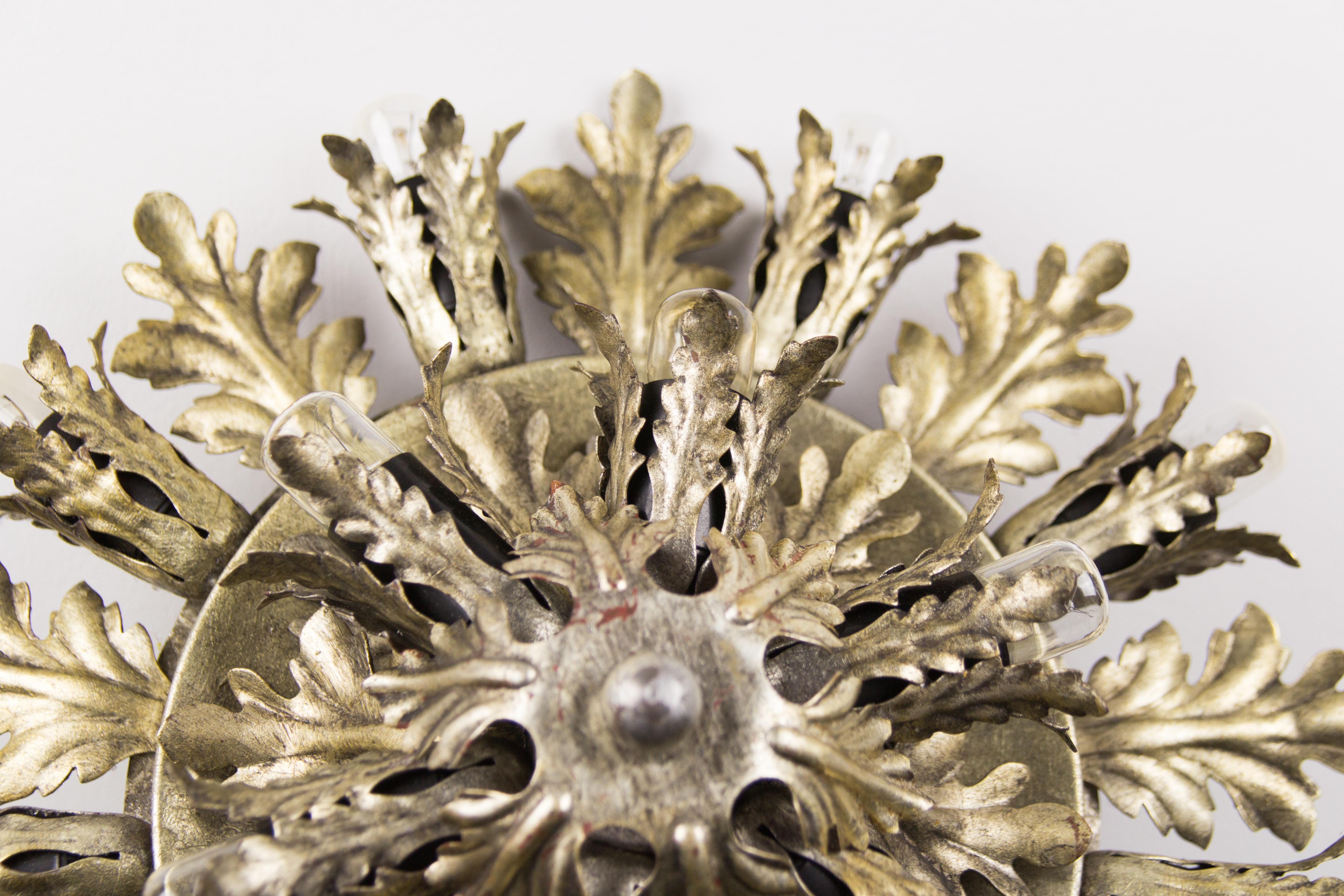 Silver and Gold Color Fifteen-Light Leafed Sunburst Wall or Ceiling Lamp, 1950s 8