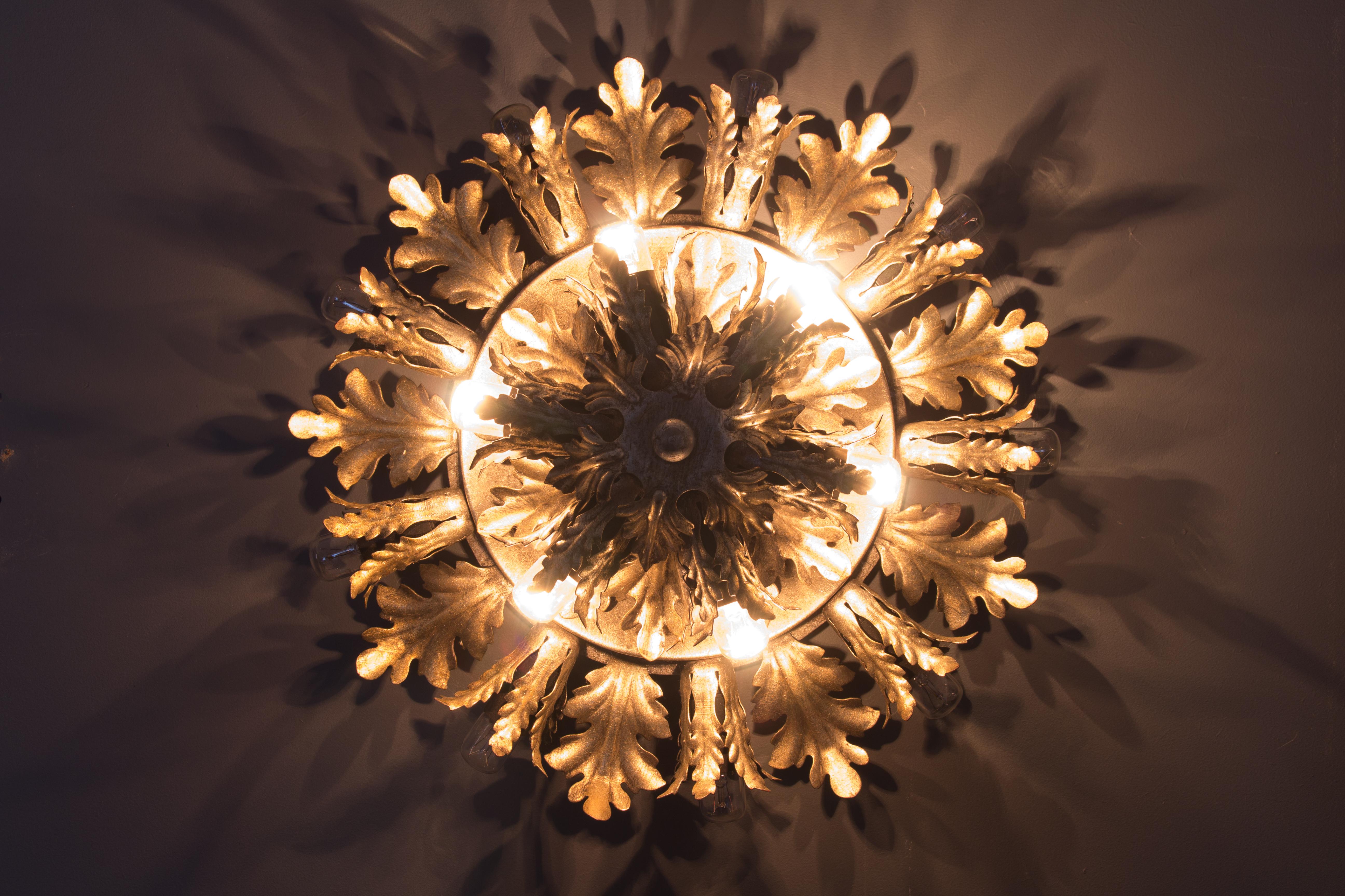 Italian Silver and Gold Color Fifteen-Light Leafed Sunburst Wall or Ceiling Lamp, 1950s