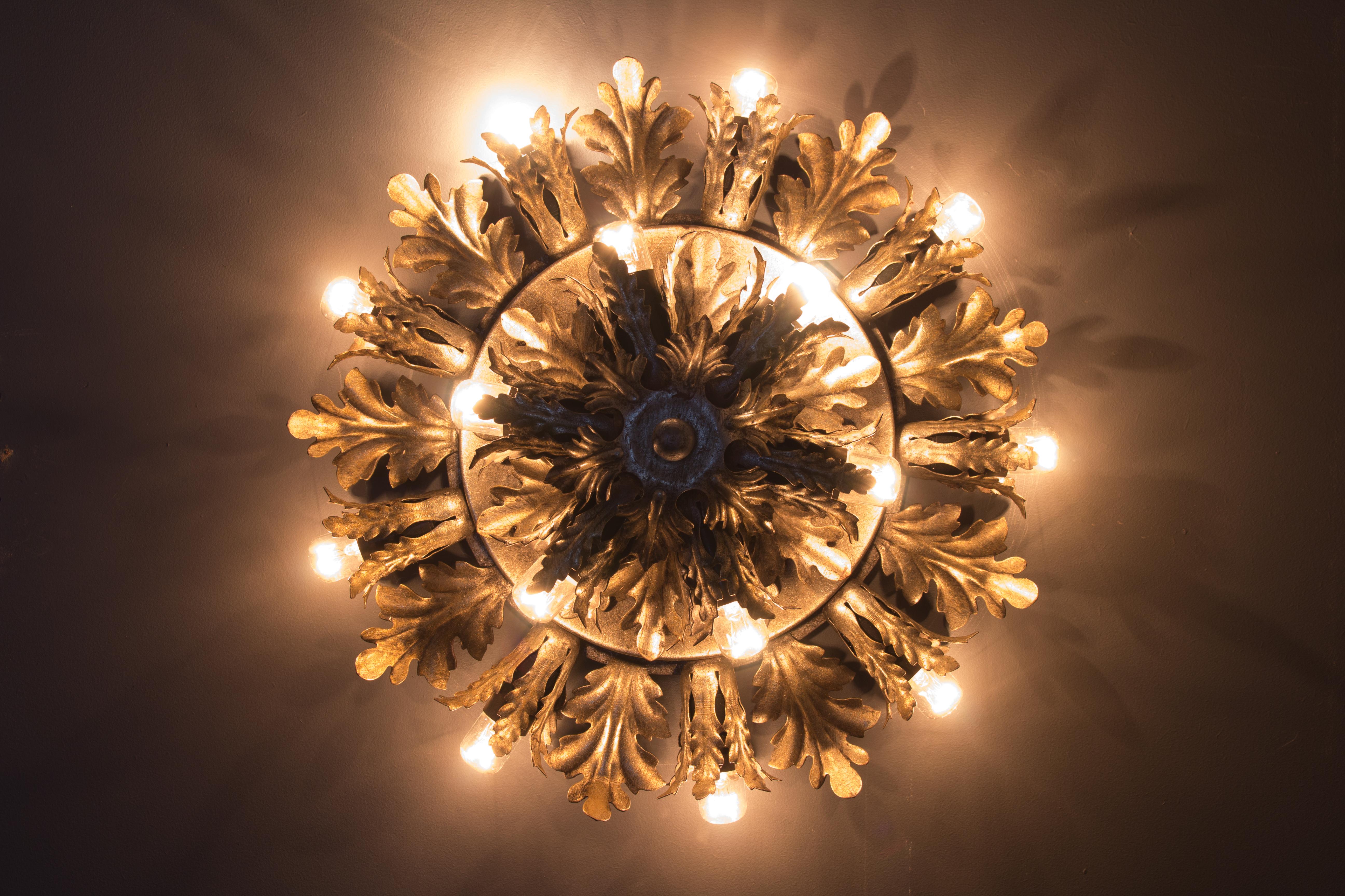 Patinated Silver and Gold Color Fifteen-Light Leafed Sunburst Wall or Ceiling Lamp, 1950s