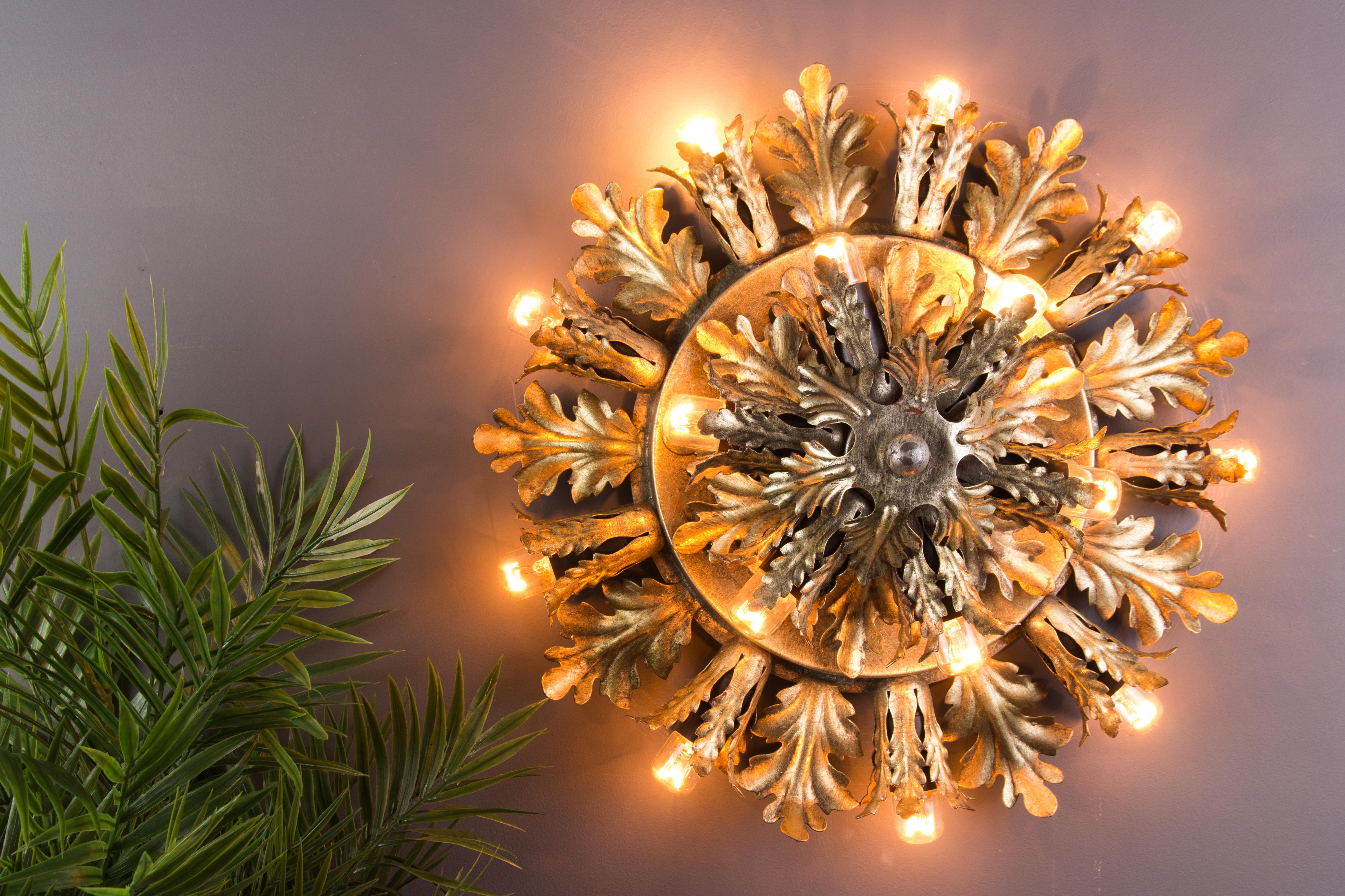 Iron Silver and Gold Color Fifteen-Light Leafed Sunburst Wall or Ceiling Lamp, 1950s