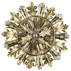Silver and Gold Color Fifteen-Light Leafed Sunburst Wall or Ceiling Lamp, 1950s