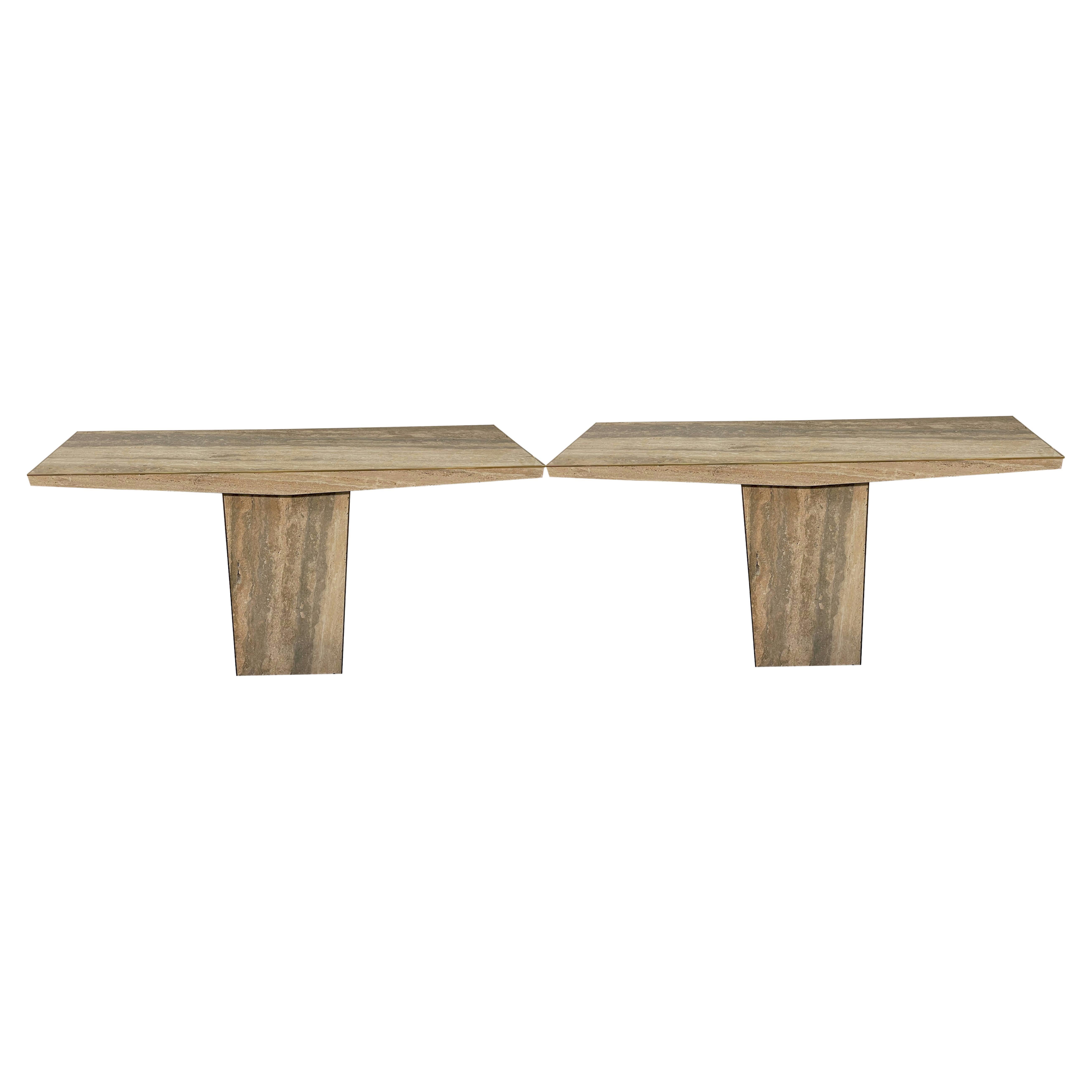 Silver Color Pair Travertine Console Tables, Italy, Contemporary For Sale