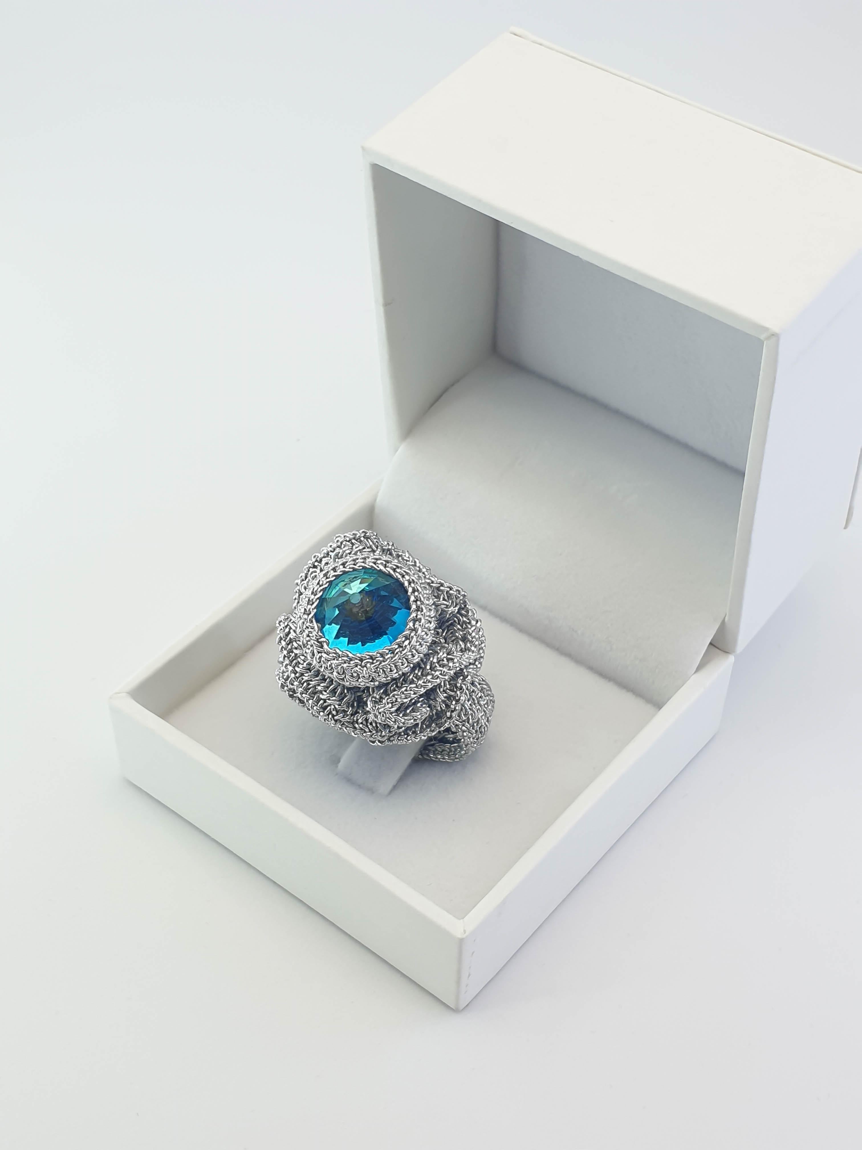 Art Nouveau Silver Color Thread Crochet Cocktail Statement Ring Sky Blue Swarovski Crystal For Sale