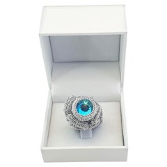 Silver Color Thread Crochet Cocktail Statement Ring Sky Blue Swarovski Crystal