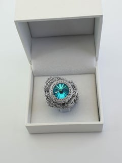 Silver Color Thread Crochet Cocktail Statement Ring Sky Blue Swarovski Crystal