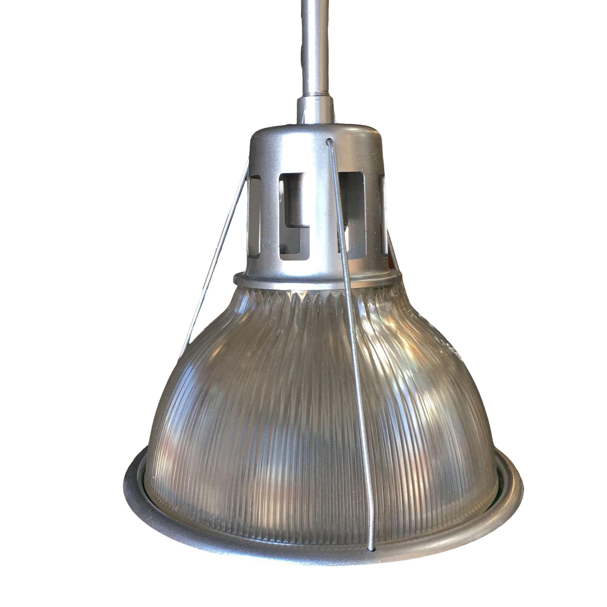 Americano Lampada a sospensione industriale a coste color argento di Holophane in vendita