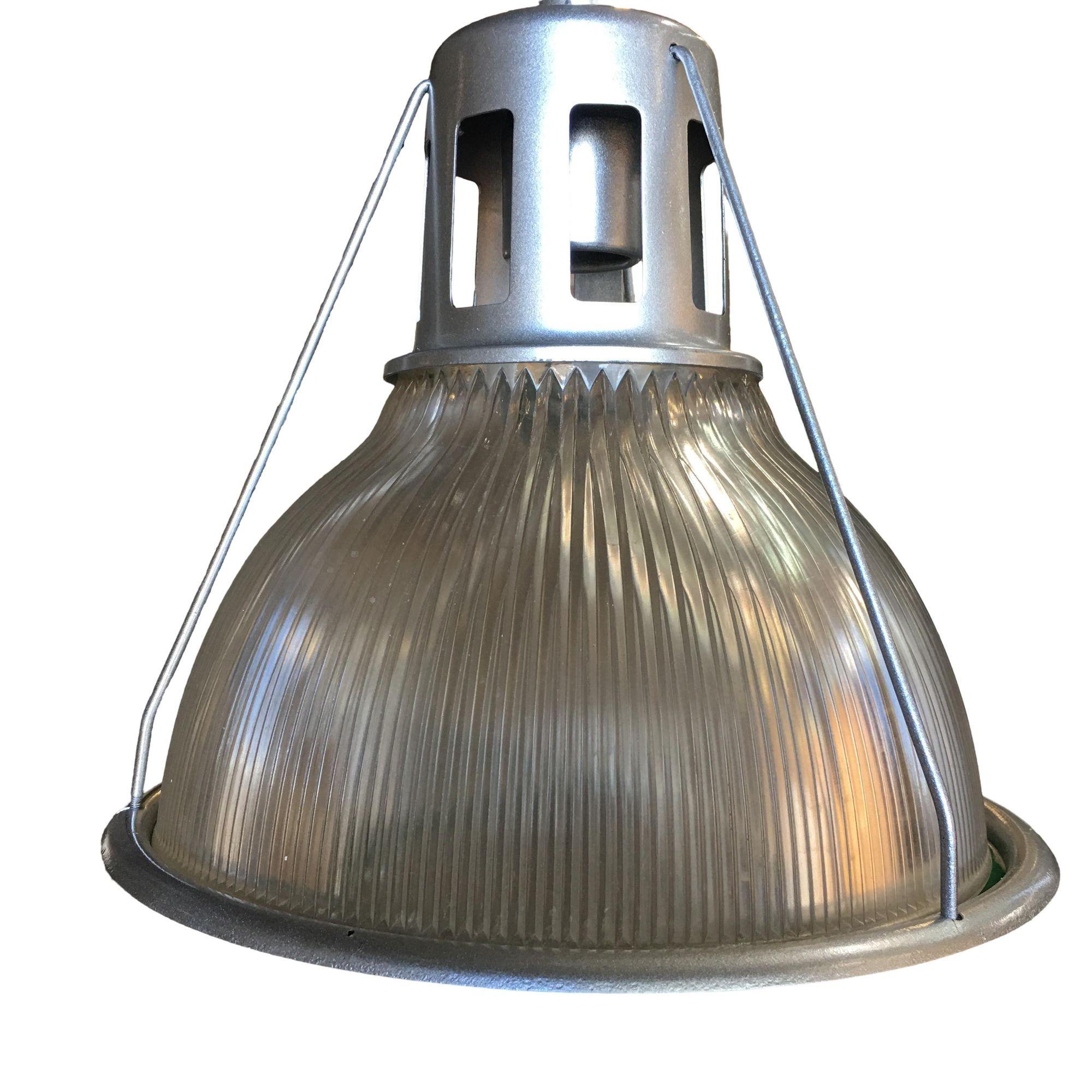 Silver Colored Industrial Ribbed Pendant Lamp by Holophane In Excellent Condition For Sale In Van Nuys, CA
