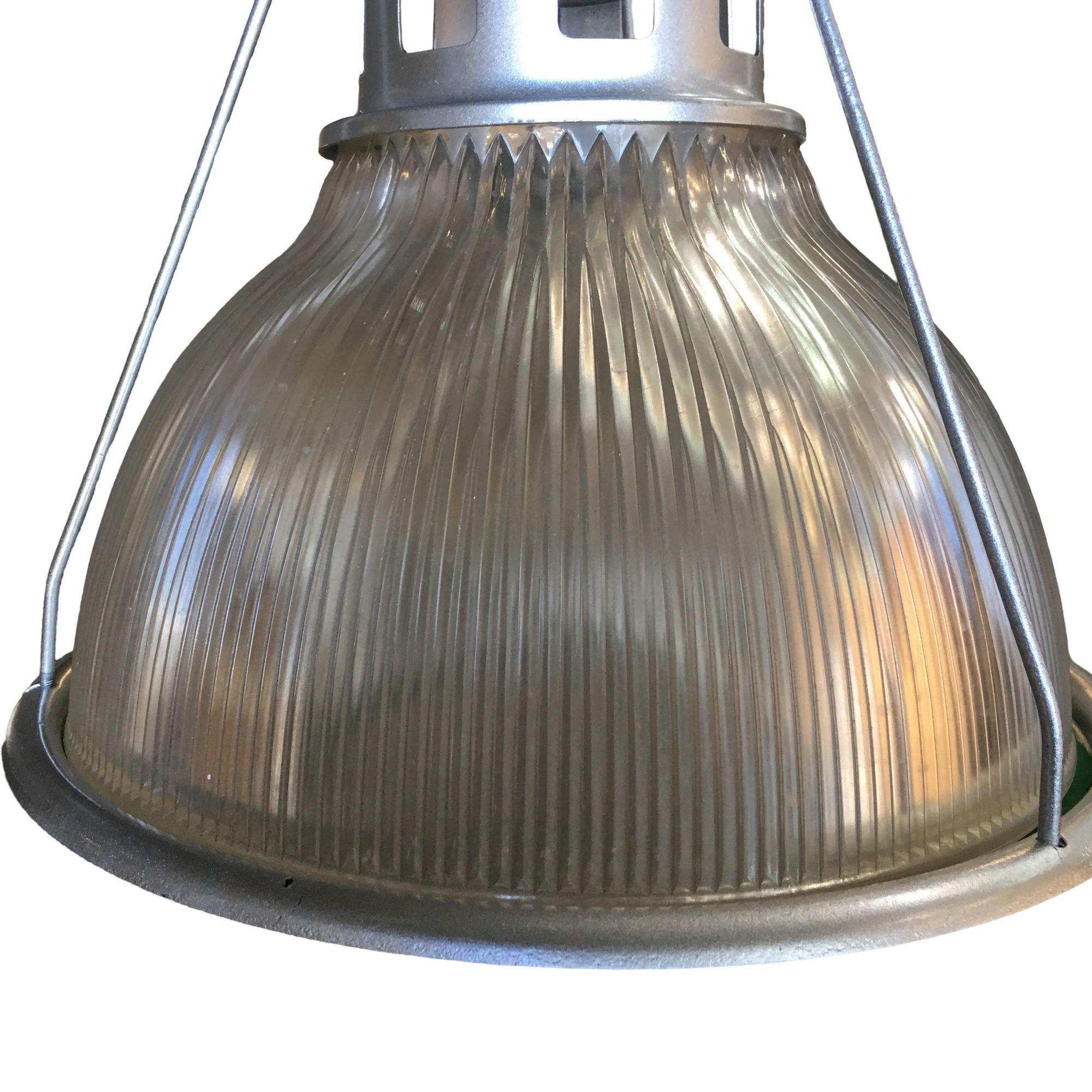 Mid-20th Century Silver Colored Industrial Ribbed Pendant Lamp by Holophane For Sale