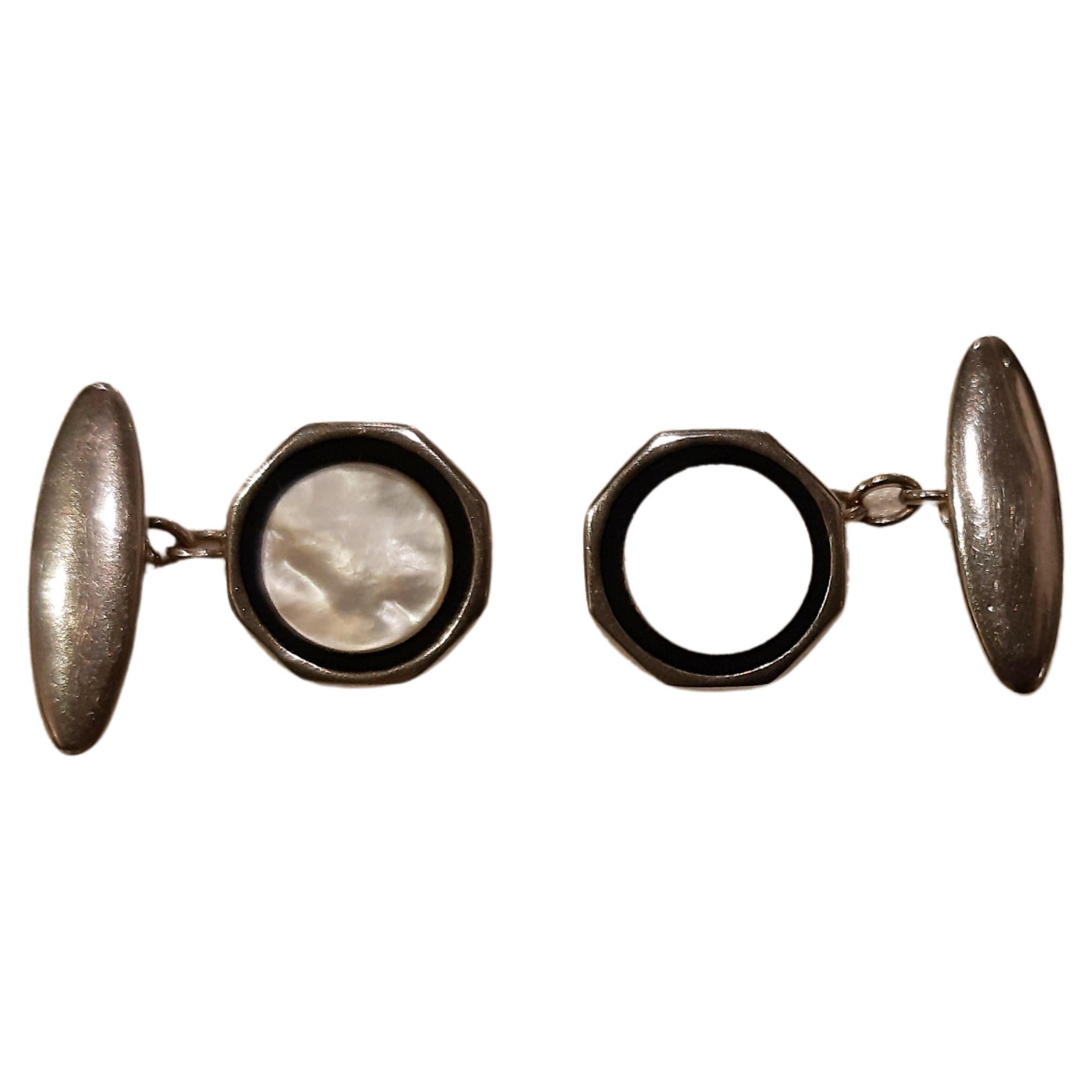 Silver-Colored Metal Cufflinks with 1960s Mother of Pearl like with Black Enamel For Sale