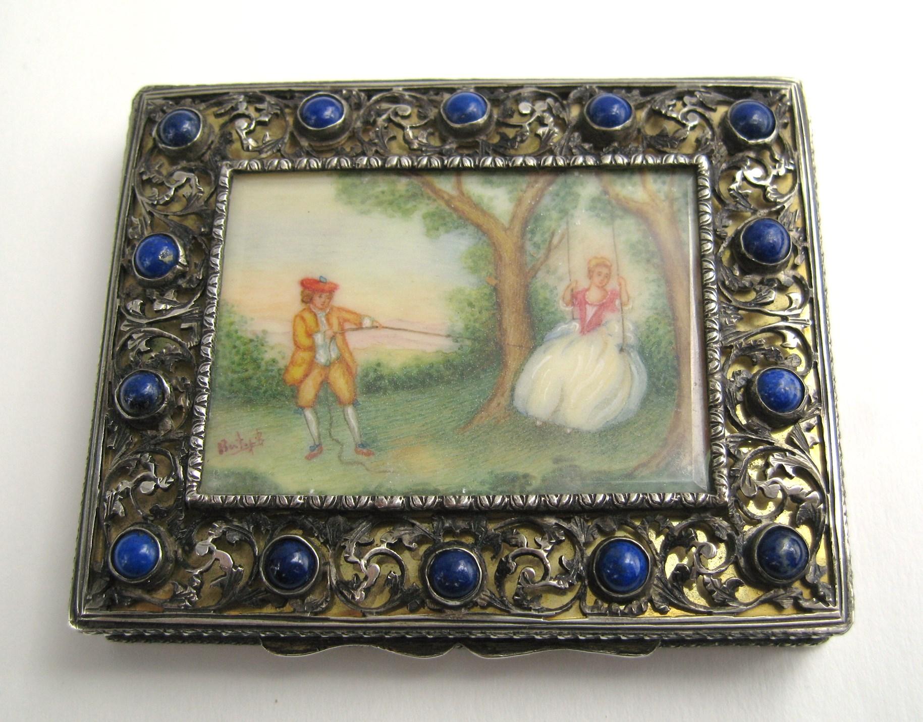  silver compact with Lapis Lazuli, Hand painted miniature scene For Sale 6