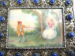 silver compact with Lapis Lazuli, Hand painted miniature scene