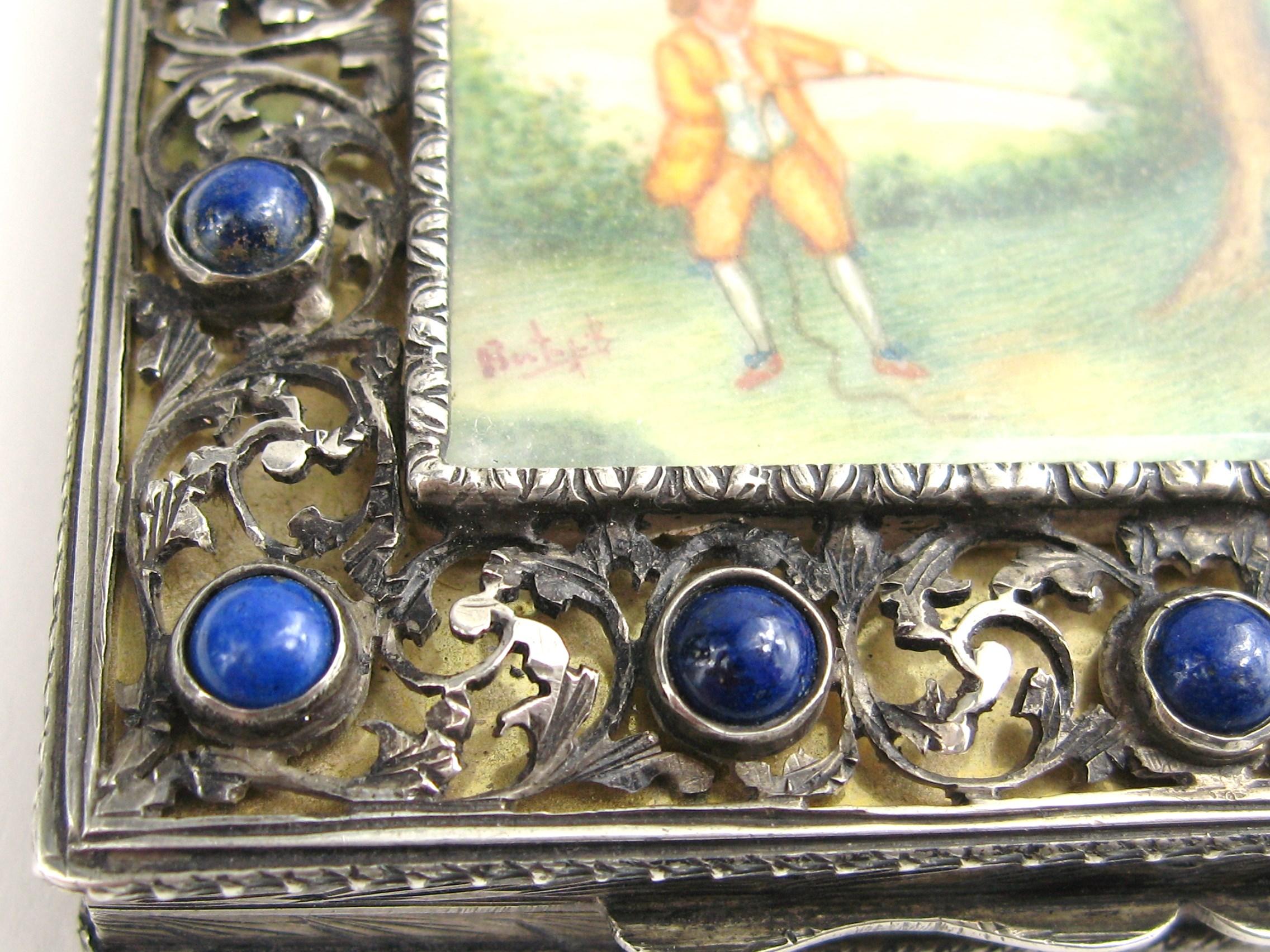 Art Nouveau  silver compact with Lapis Lazuli, Hand painted miniature scene For Sale