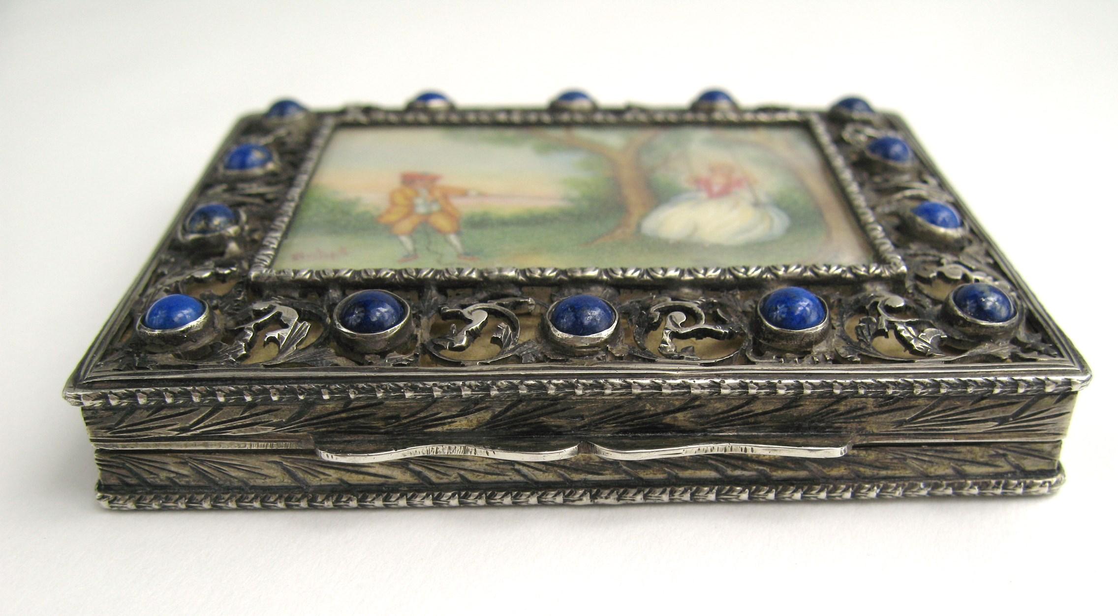  silver compact with Lapis Lazuli, Hand painted miniature scene In Good Condition For Sale In Wallkill, NY