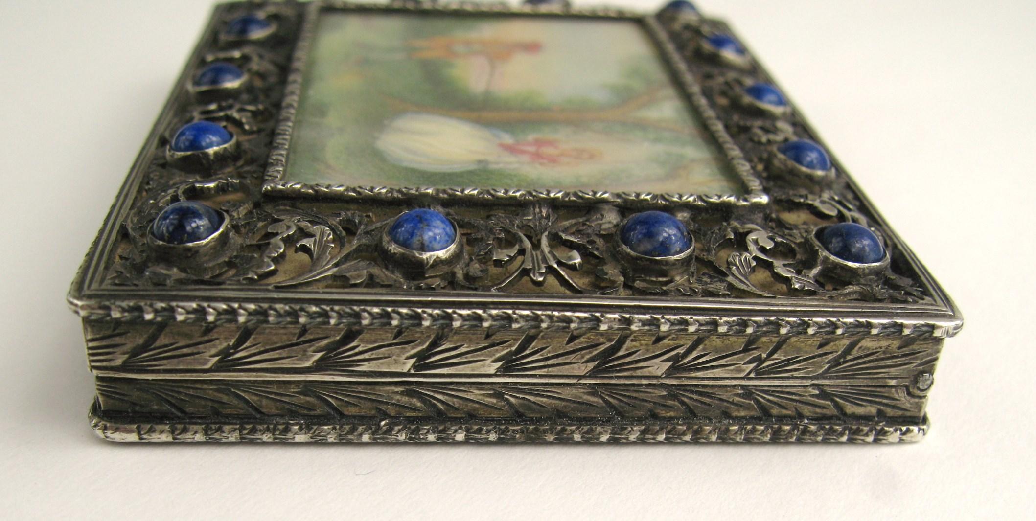  silver compact with Lapis Lazuli, Hand painted miniature scene For Sale 1