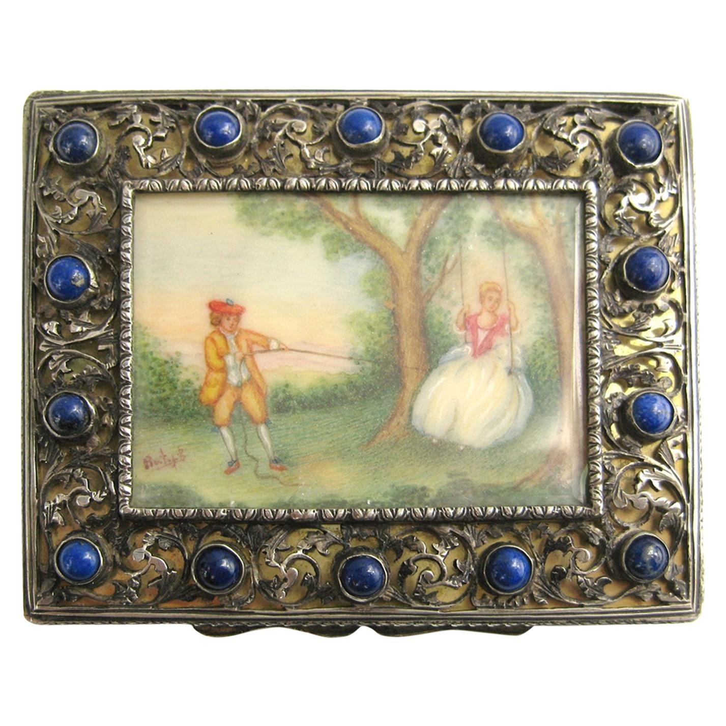  silver compact with Lapis Lazuli, Hand painted miniature scene For Sale