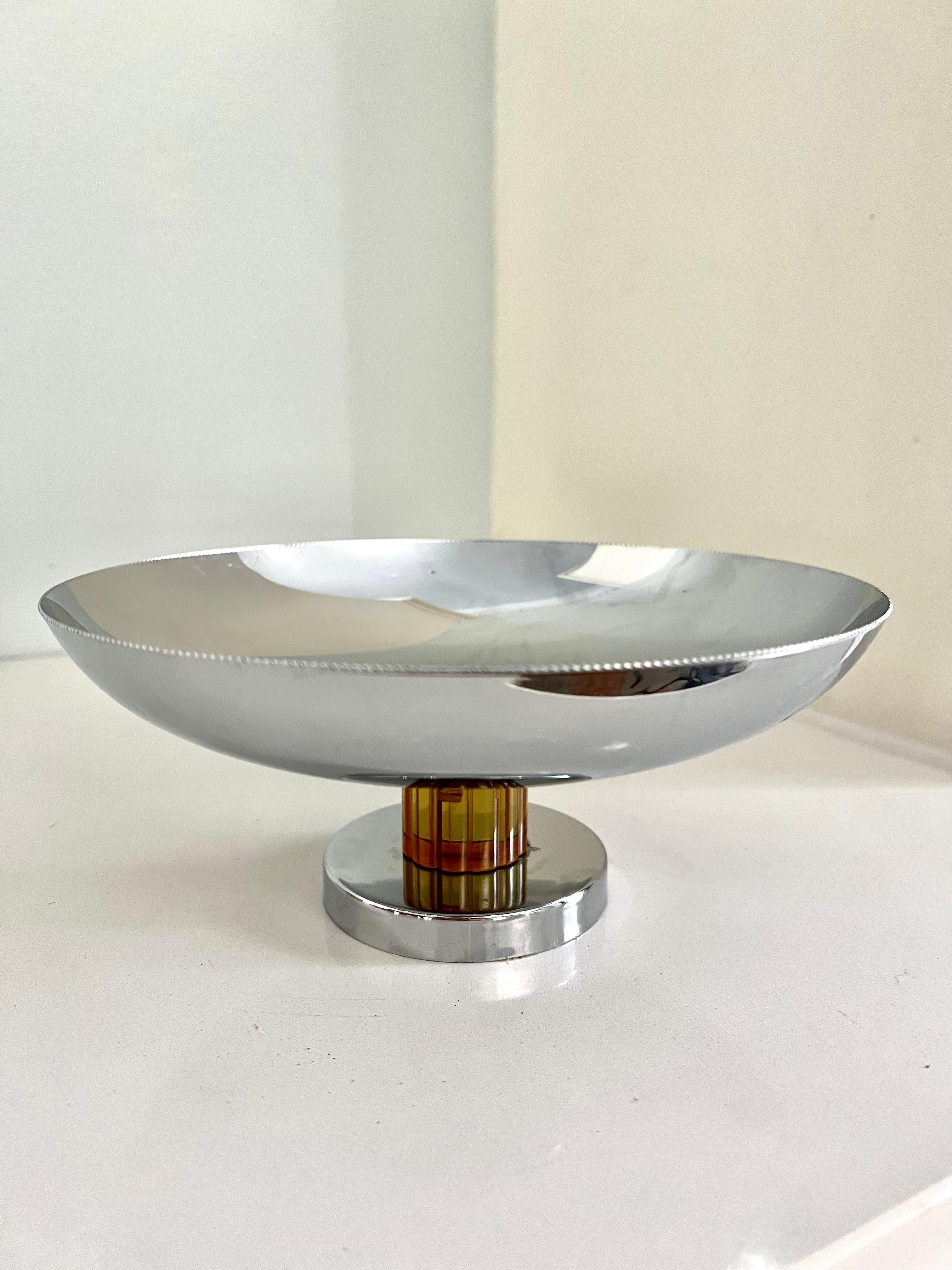 Mid Century Modern Compote - sliver plate or stainless steel with a very tasteful amber style ribbed stem to hold base. wonderful for key, the desk or work station or decorative piece on cocktail table.