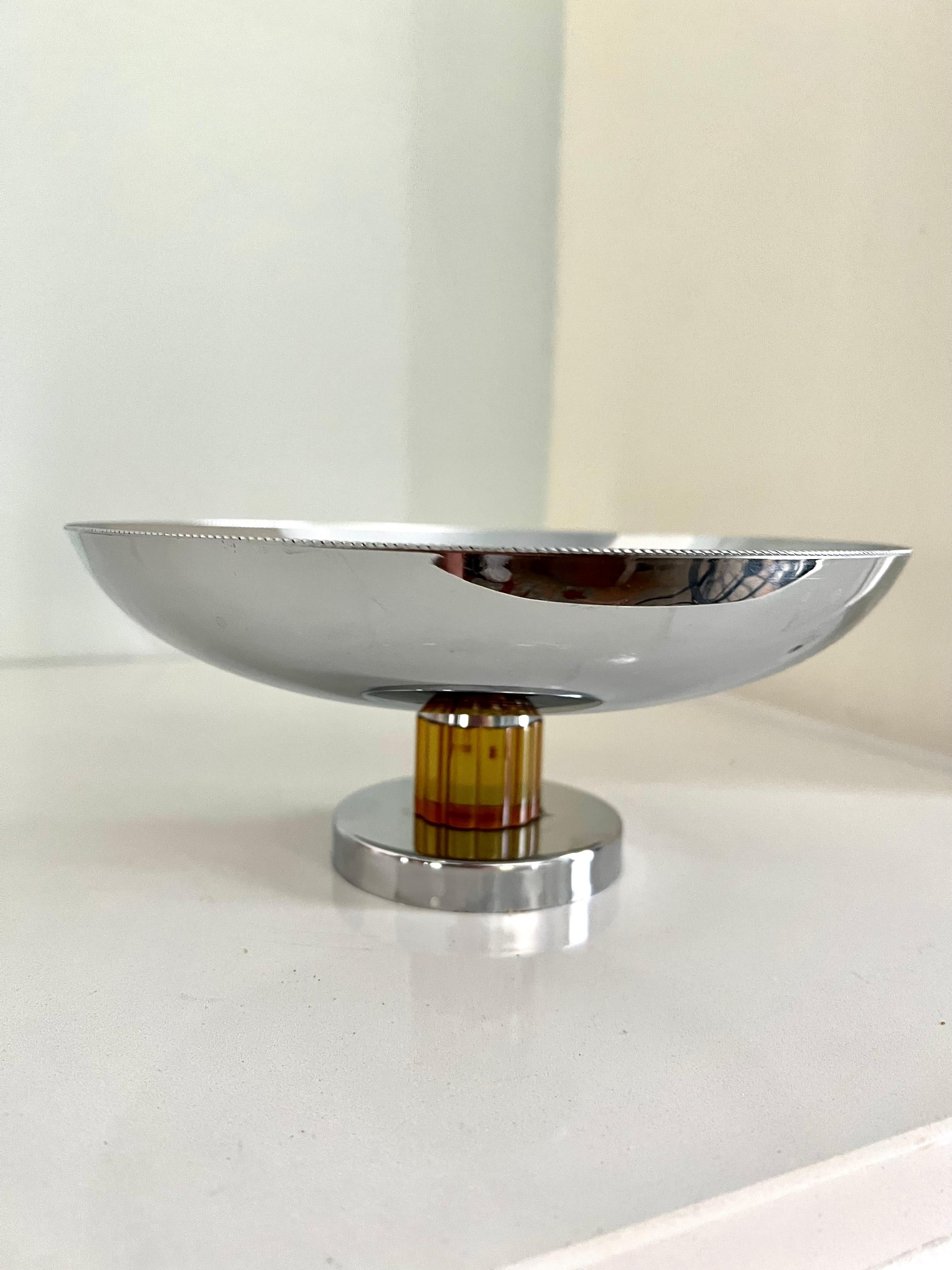 Mid-Century Modern Silver Compote with Amber Stem For Sale