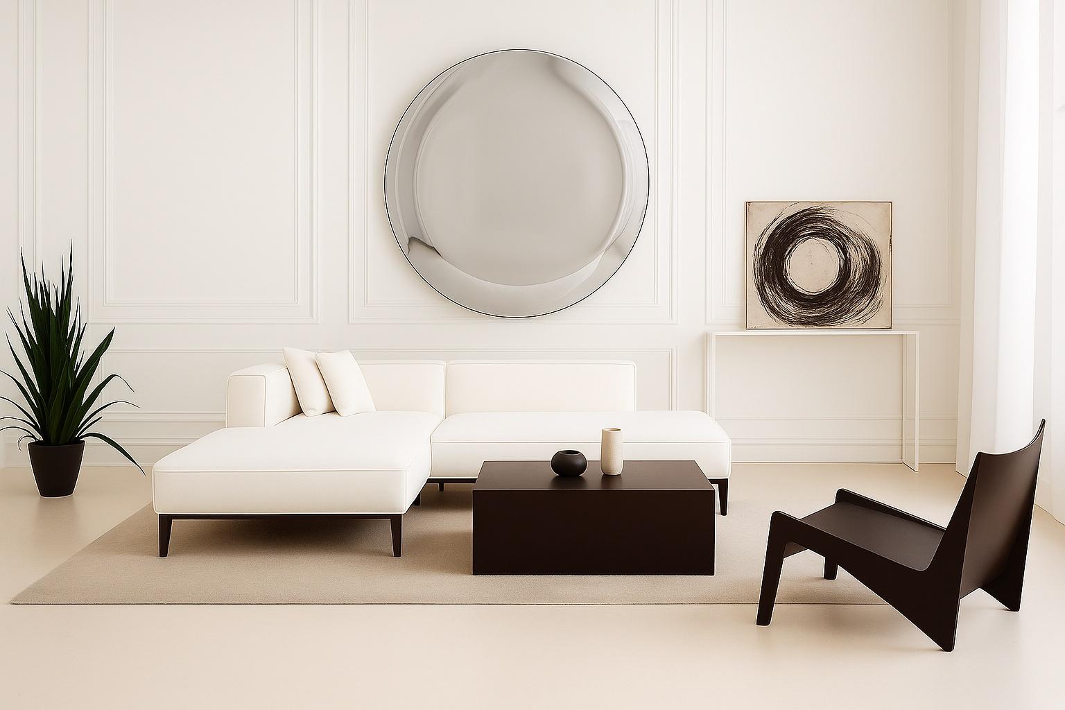 The is a highly decorative silver concave wall mirror / piece of art that creates a focal point and adds elegance to any room. 

The mirror is silvered using traditional methods and fabricated from 6mm low-iron glass with a curvature of 6 cm which