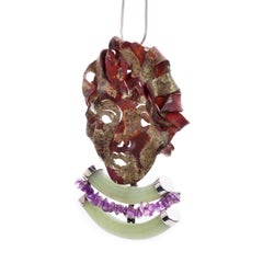 Silver Copper Jade and Amethyst sculptural Pendant