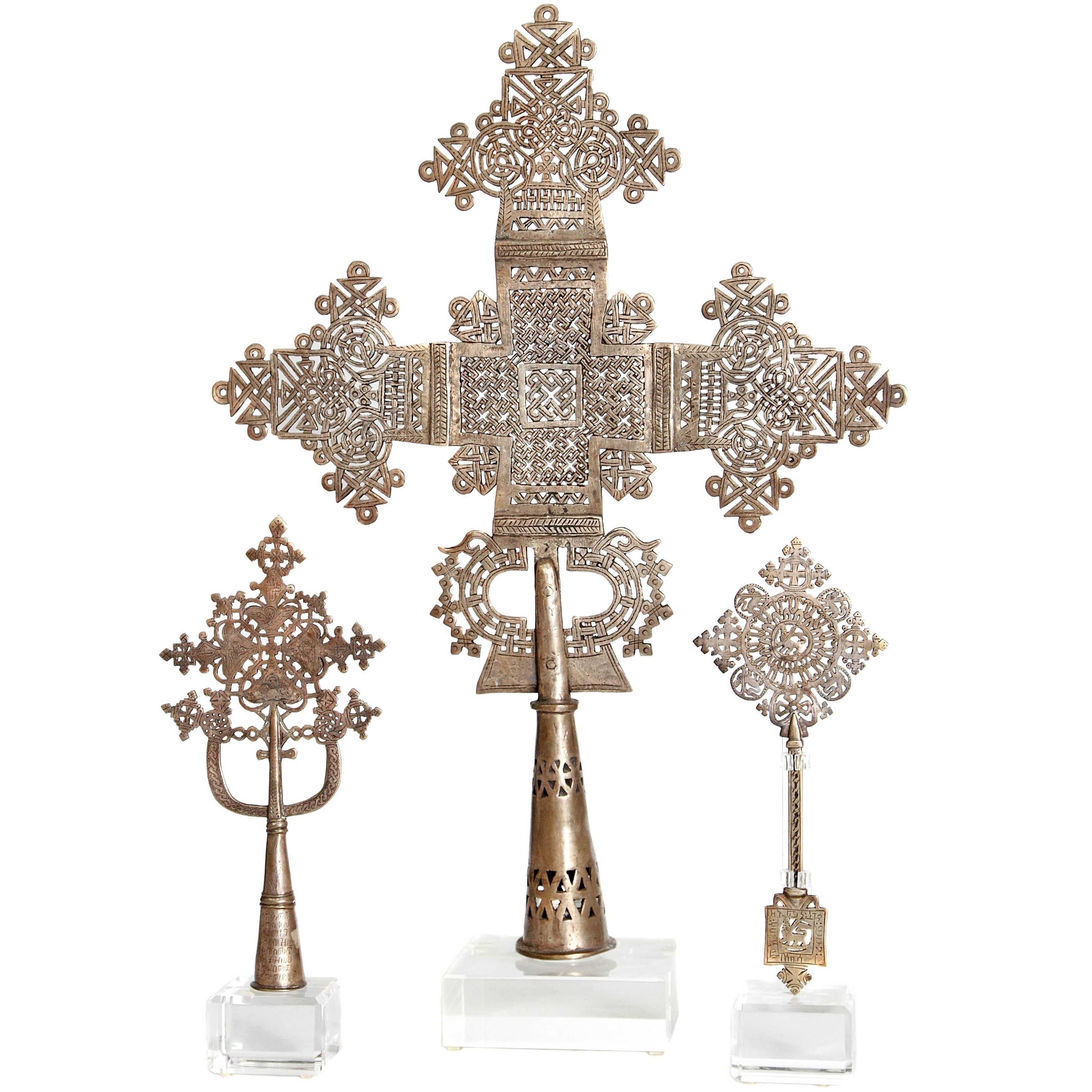 Silver Coptic Processional Crosses from Ethiopia with Custom Lucite Stands