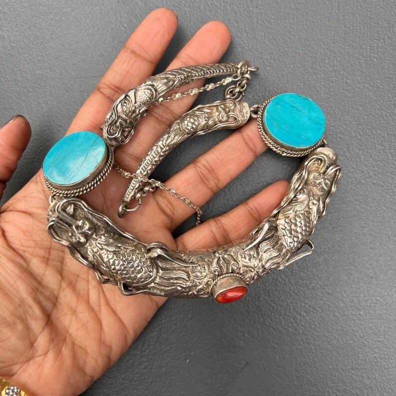 Silver Coral Turquoise Necklace Chinese Tibetan Dragon Head For Sale 5