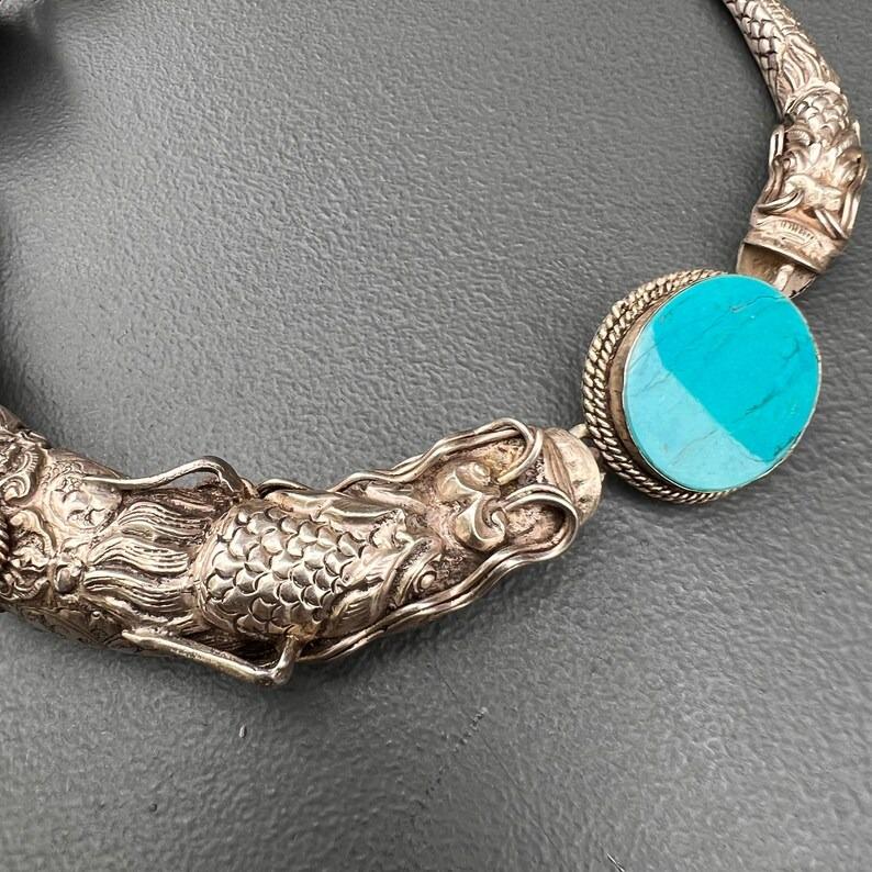 Cabochon Silver Coral Turquoise Necklace Chinese Tibetan Dragon Head For Sale