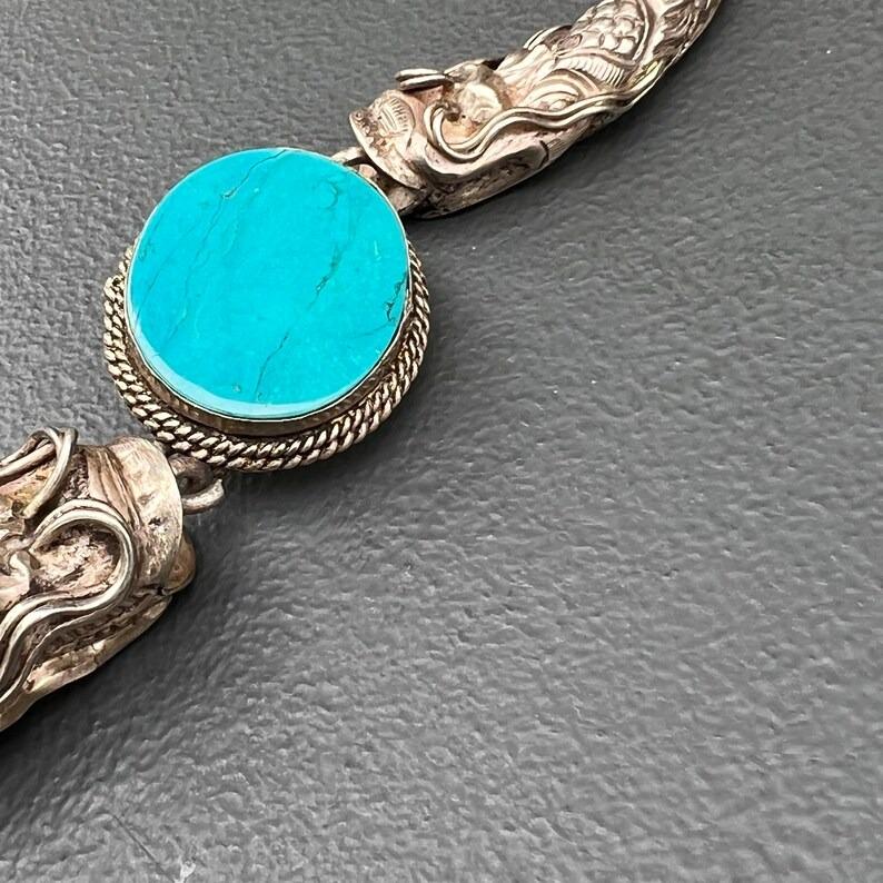 Silver Coral Turquoise Necklace Chinese Tibetan Dragon Head In Good Condition For Sale In Monroe Township, NJ