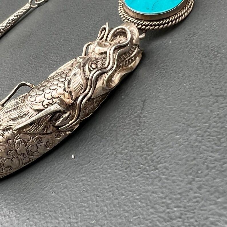 Women's or Men's Silver Coral Turquoise Necklace Chinese Tibetan Dragon Head For Sale