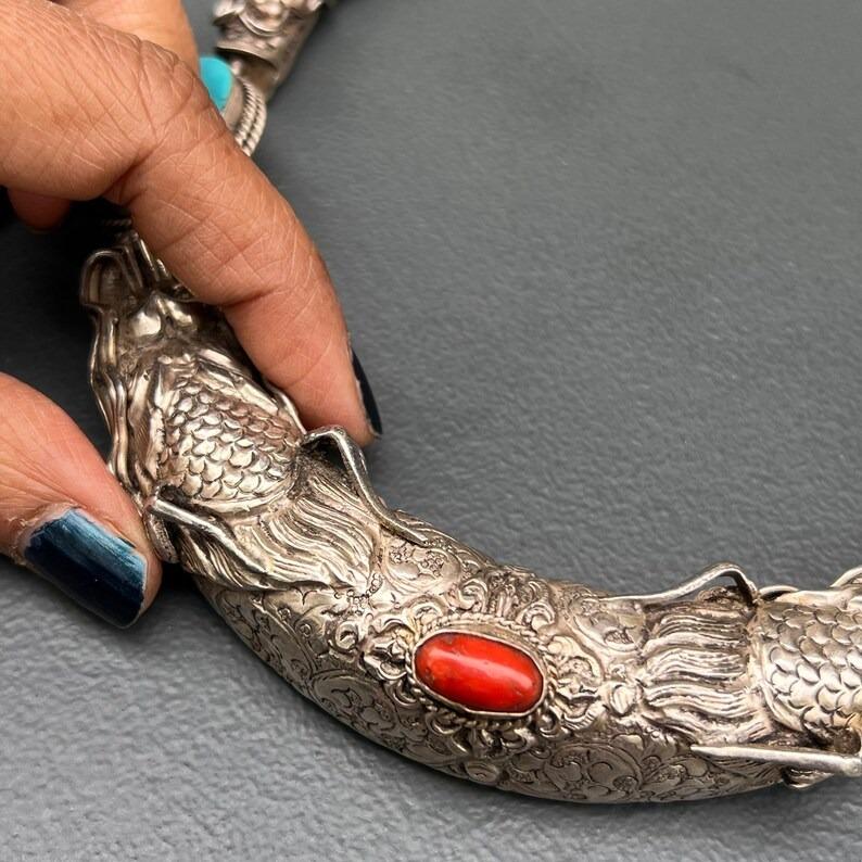 Silver Coral Turquoise Necklace Chinese Tibetan Dragon Head For Sale 2