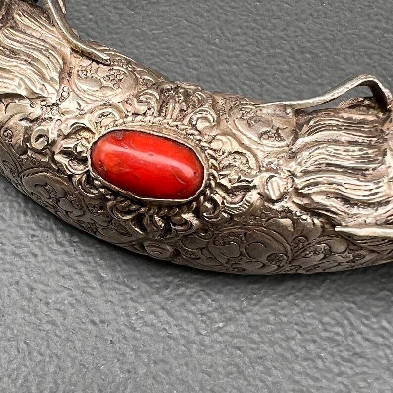 Silver Coral Turquoise Necklace Chinese Tibetan Dragon Head For Sale 3