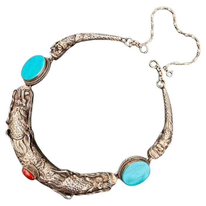 Silver Coral Turquoise Necklace Chinese Tibetan Dragon Head