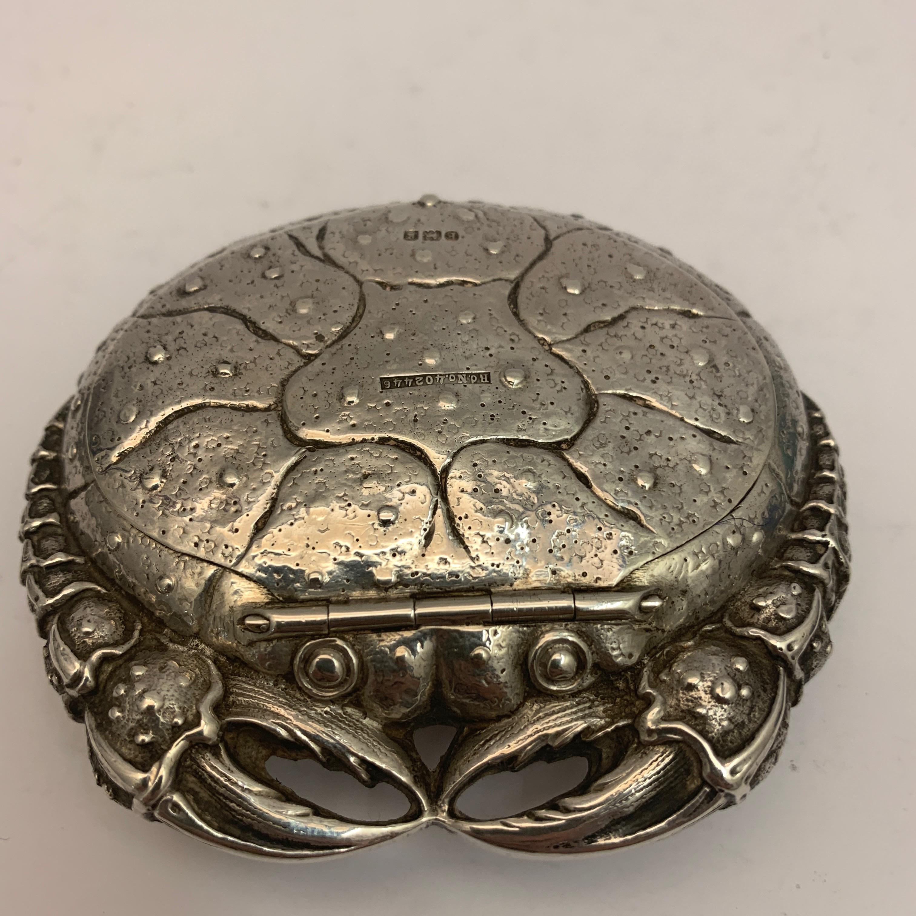 A charming silver crab snuff box with intricate decoration and gilt interior. The snuff box is of foreign origin but was recorded as being imported into London in 1902.
