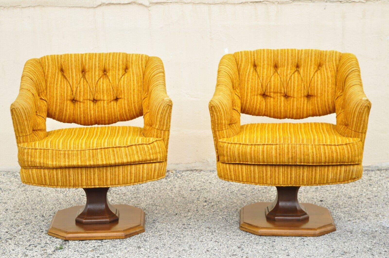 Silver Craft Orange Mid Century Modern Swivel Club Lounge Chairs - a Pair. Item features a swivel pedestal base, upholstered seats, very nice vintage pair, great style and form. Circa Mid 20th Century. Measurements: 29.5