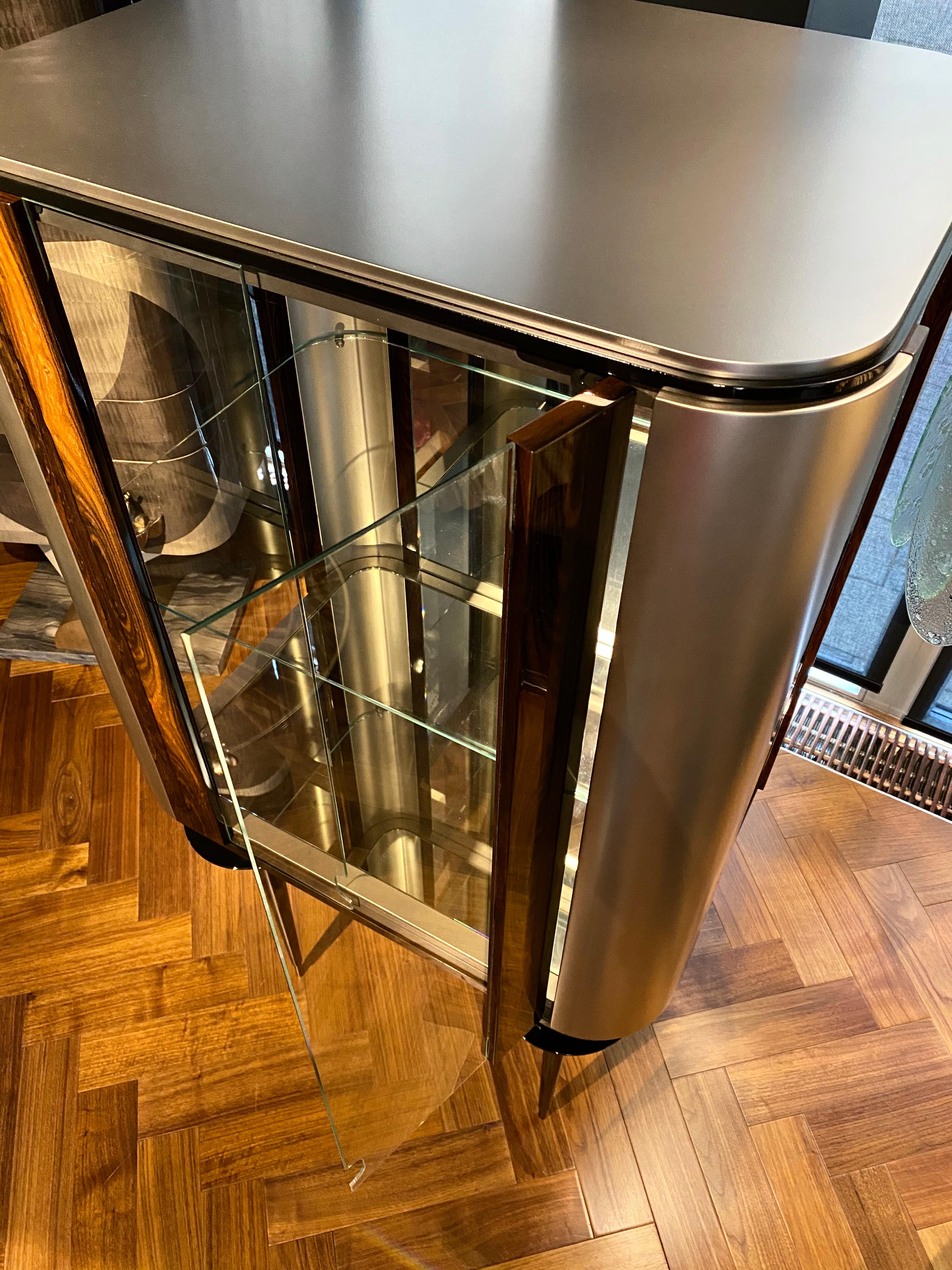 Lithuanian 'Silver Crane' Modern Glass Cabinet with Ziricote Veneer Inlays from Egli Design For Sale
