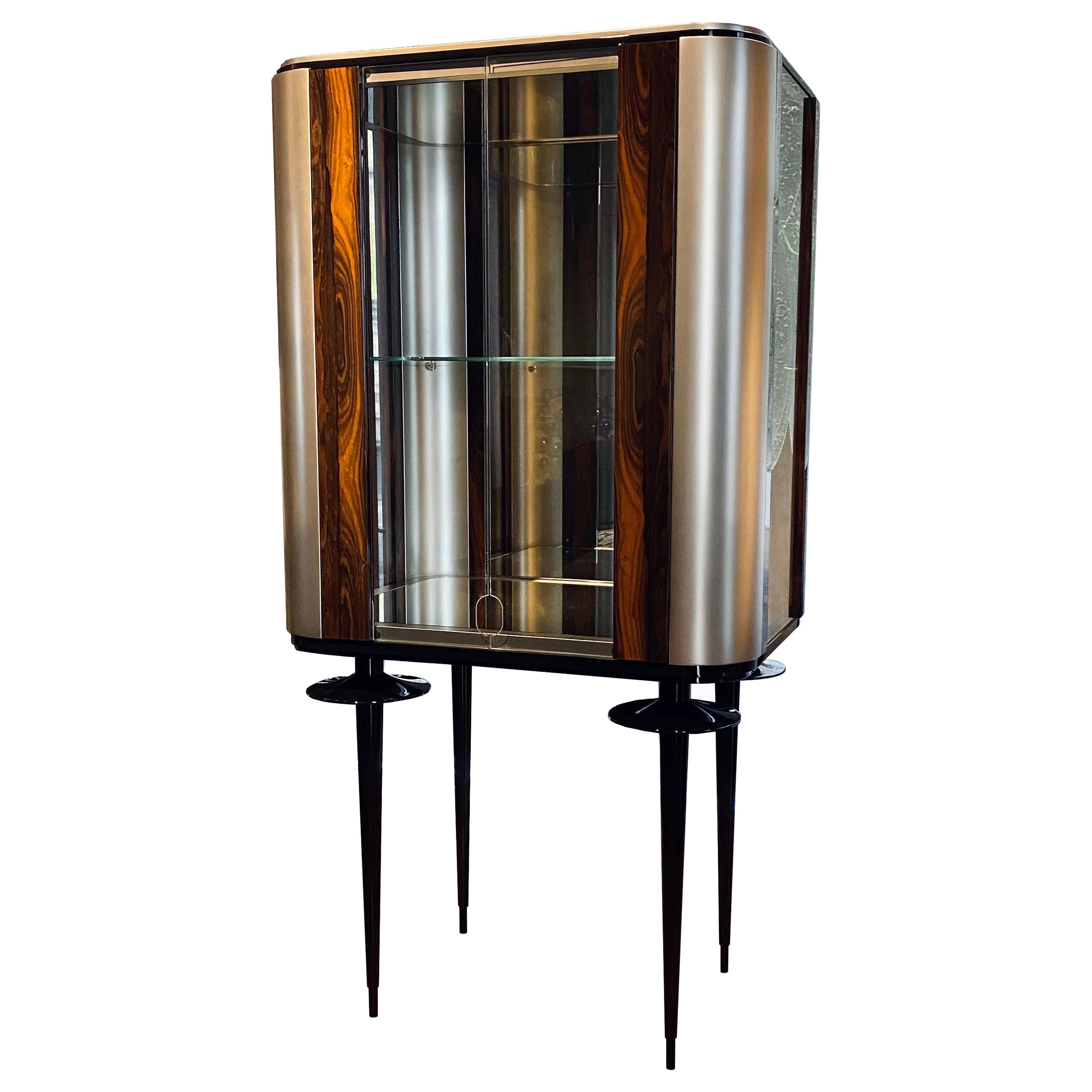 'Silver Crane' Modern Glass Cabinet with Ziricote Veneer Inlays from Egli Design For Sale