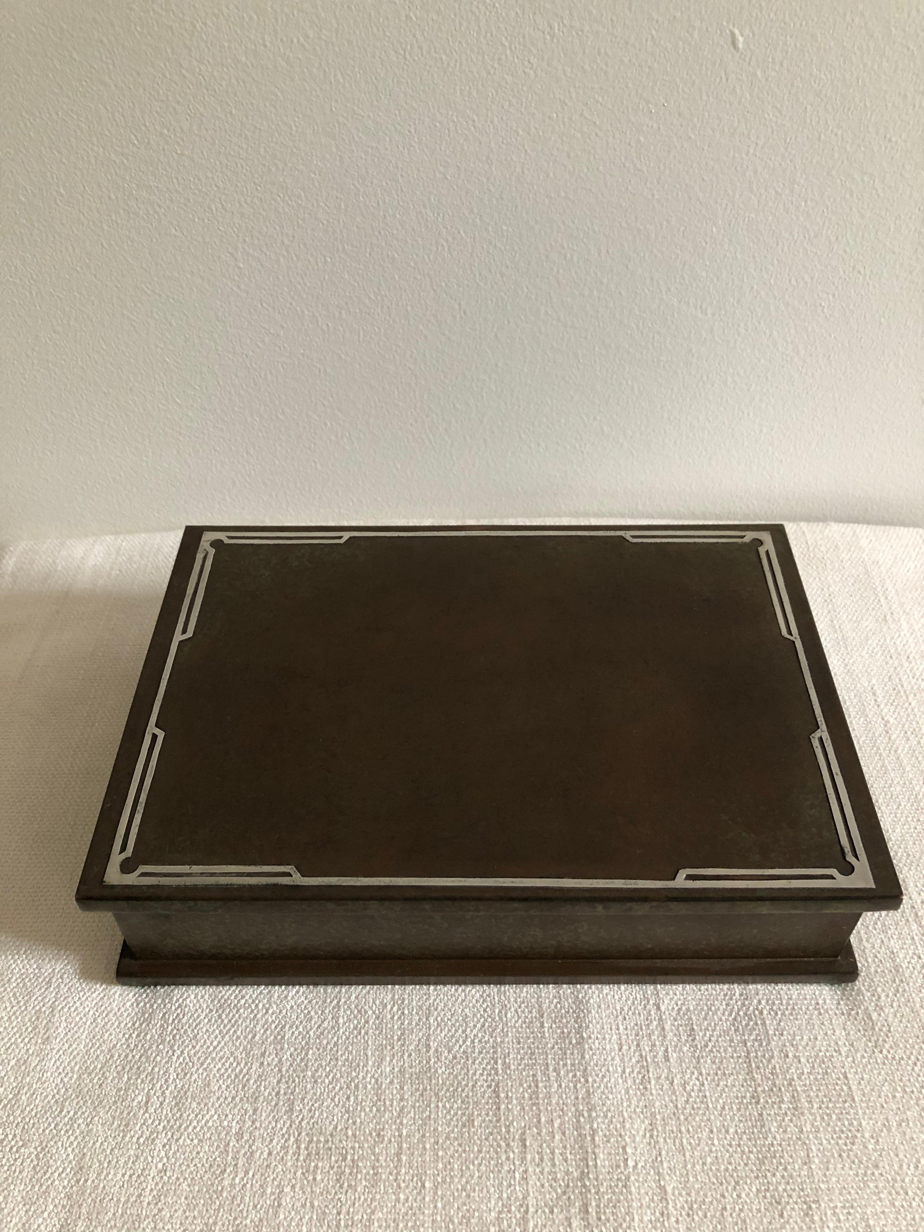 Art Deco Silver Crest Men's Humidor Box Bronze and Sterling For Sale