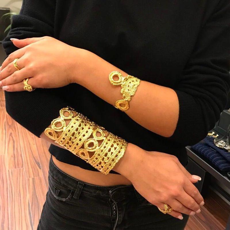 The Avalon Large Cuff is part of the Signature Lace collection and is inspired by Ancient Greece. It is handmade jewelry and it was on display at the Metropolitan Museum. This impressive cuff is handmade and is available in gold, silver and gunmetal