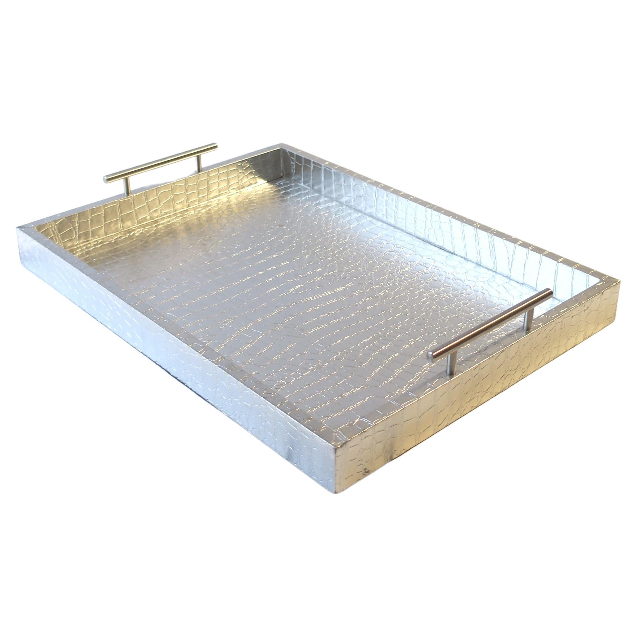 Silver Crocodile Alligator Style Serving or Storage Tray with Handles For Sale