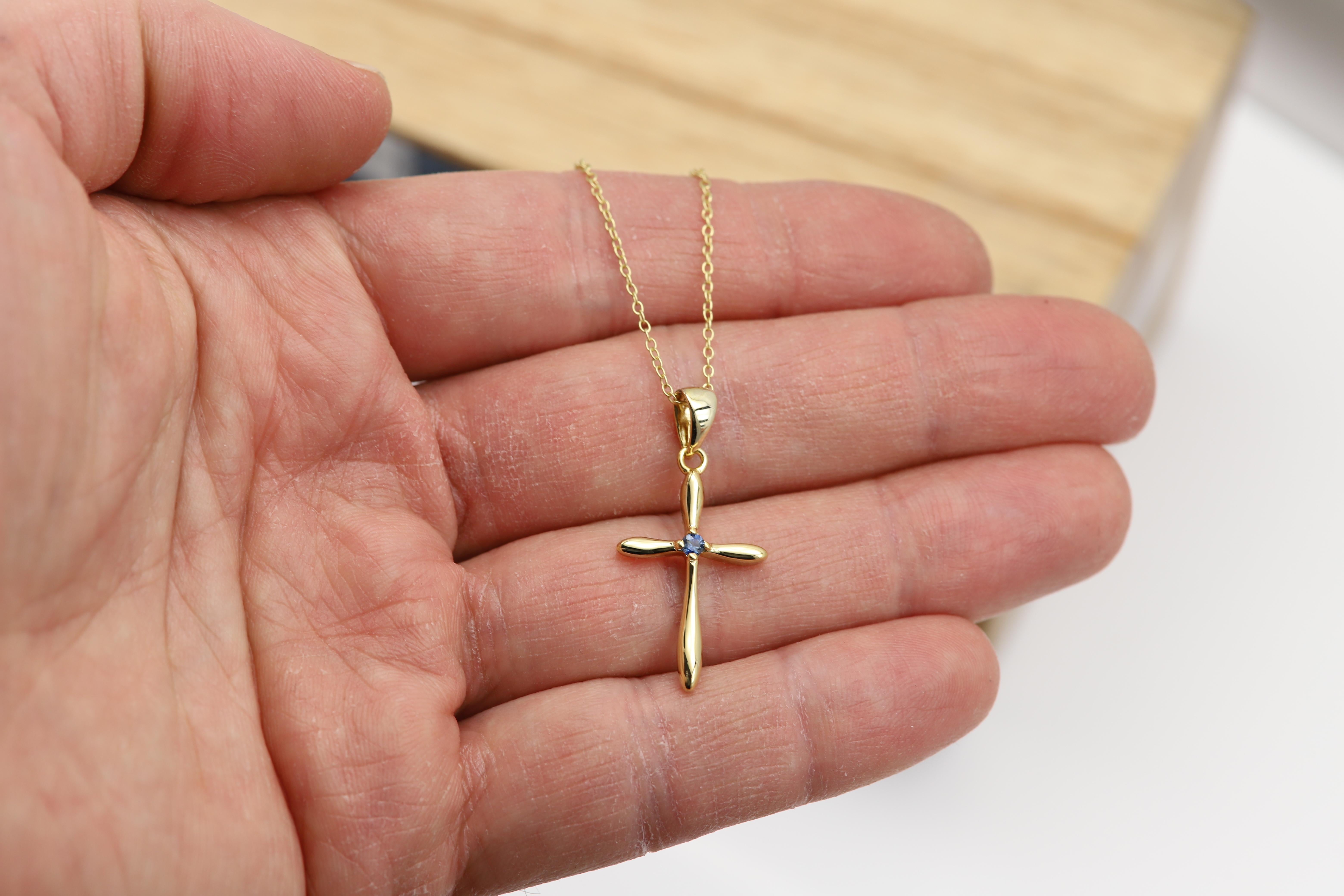 Cute Cross Pendant
Sterling Silver 925 plated with yellow Gold
approx weight 2.8 grams 
Chain: 18' inch
Cross size: approx 1' inch tall
Center stone: Natural Blue Sapphire 2.0mm approx 0.05CT 
Nice Blue Color
+ Gift Box