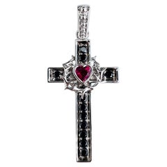 Silver Cross Pendant Necklace with Heart Ruby & Black Diamond