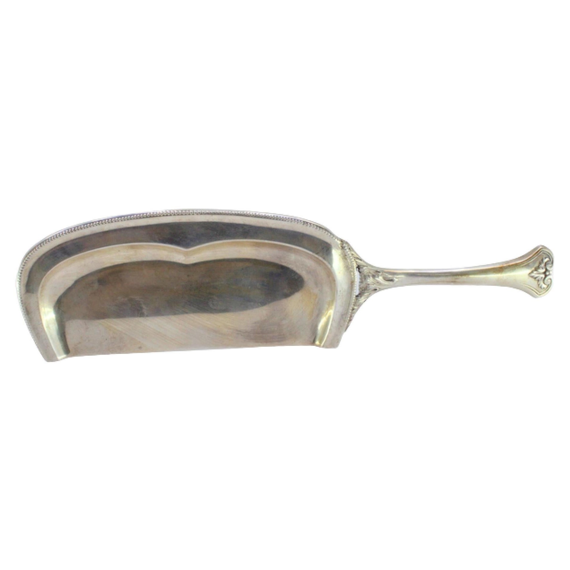 Silver crumb collector with reliefs on the handle and wrapped in a pearly frieze