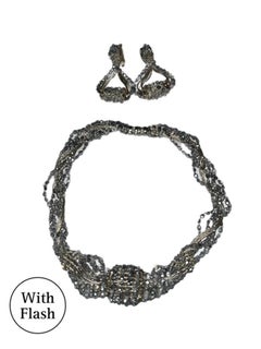 Silver Crystal Beaded Clip-on Earrings and Necklace Set by Daniel Swarovski