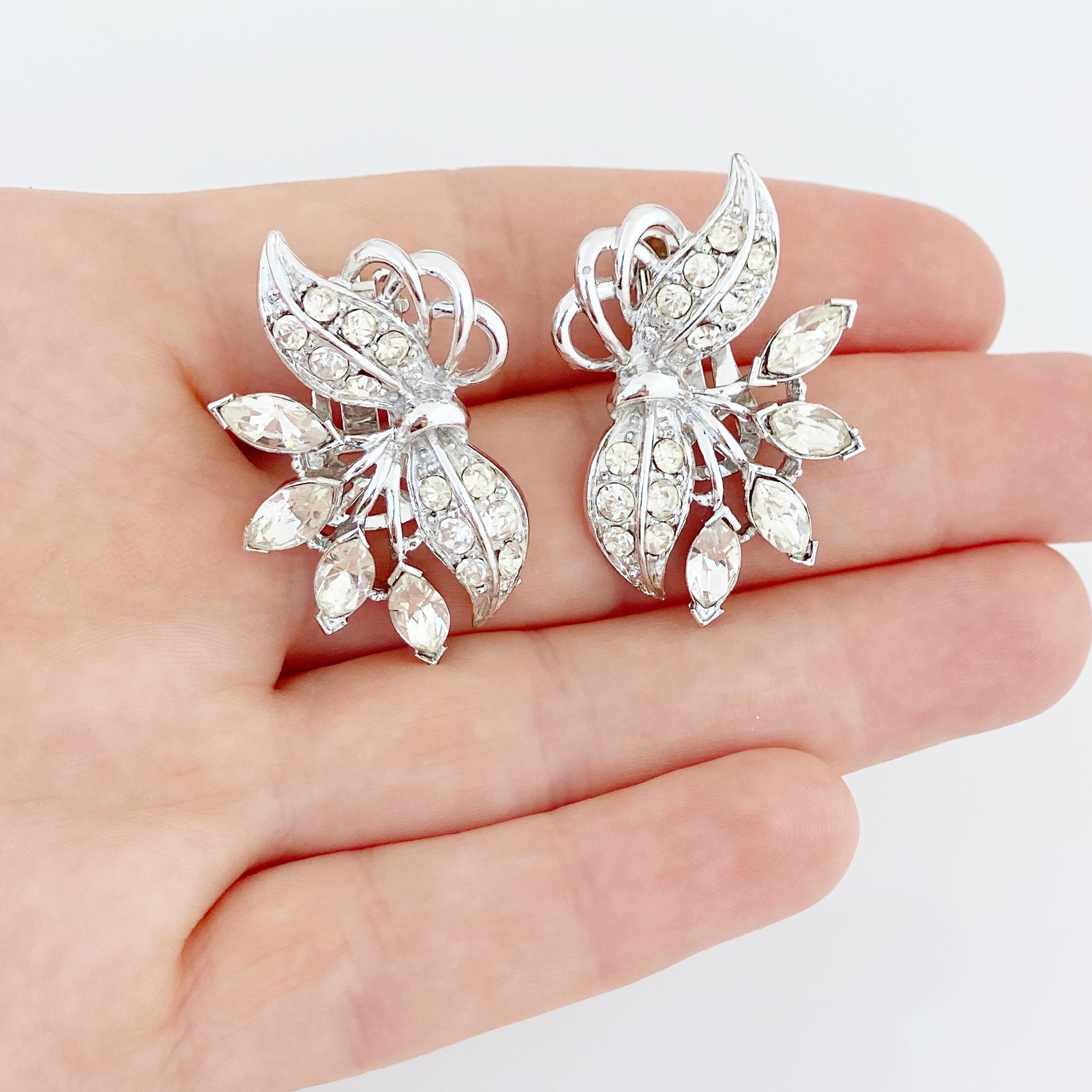 Silver Crystal Rhinestone Cocktail Statement Earrings, 1950s In Good Condition In McKinney, TX