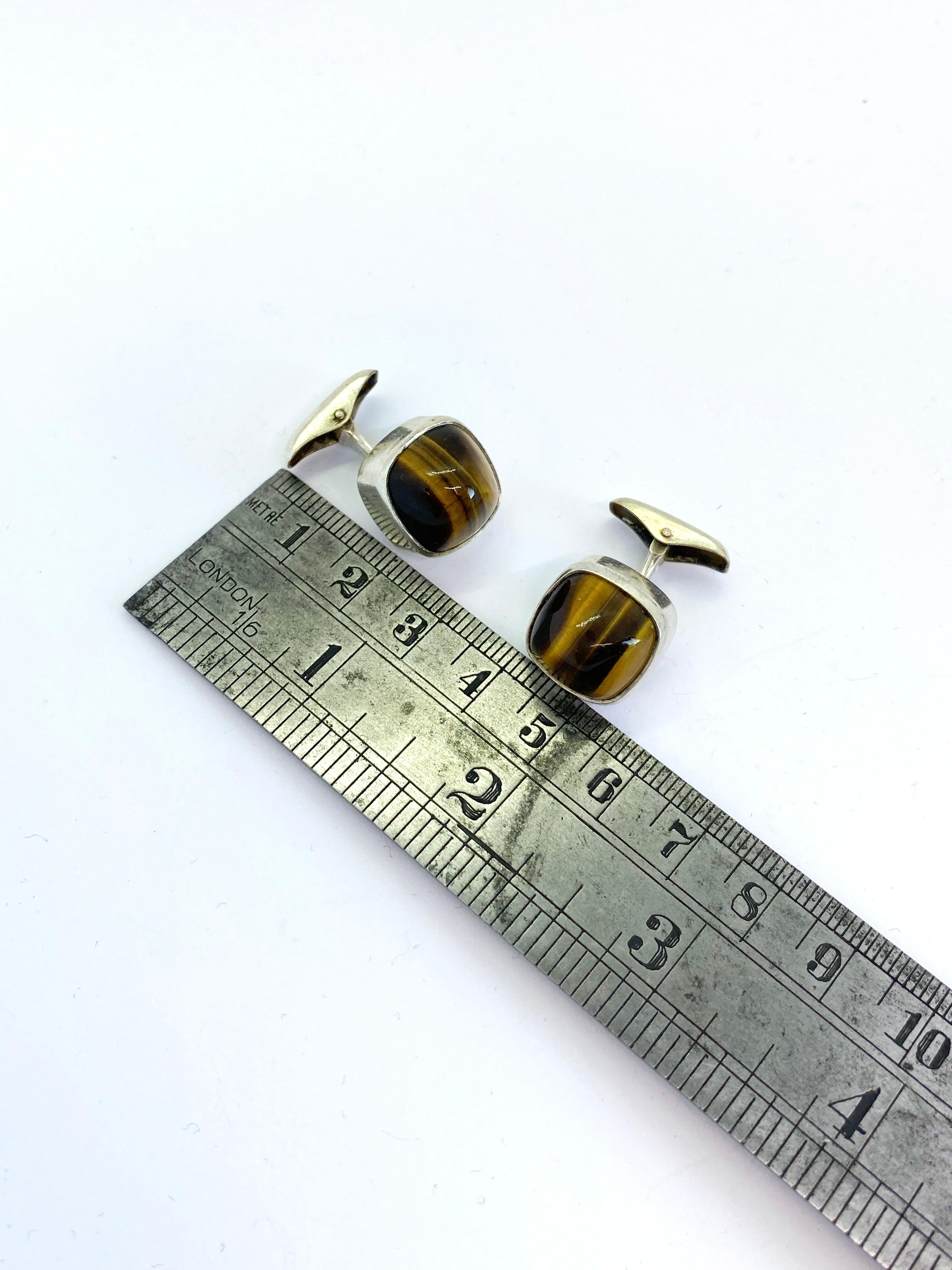 Modernist Silver Cufflinks by Elis Kauppi for Kupittaan Kulta, Finland, Tiger Eye Stone