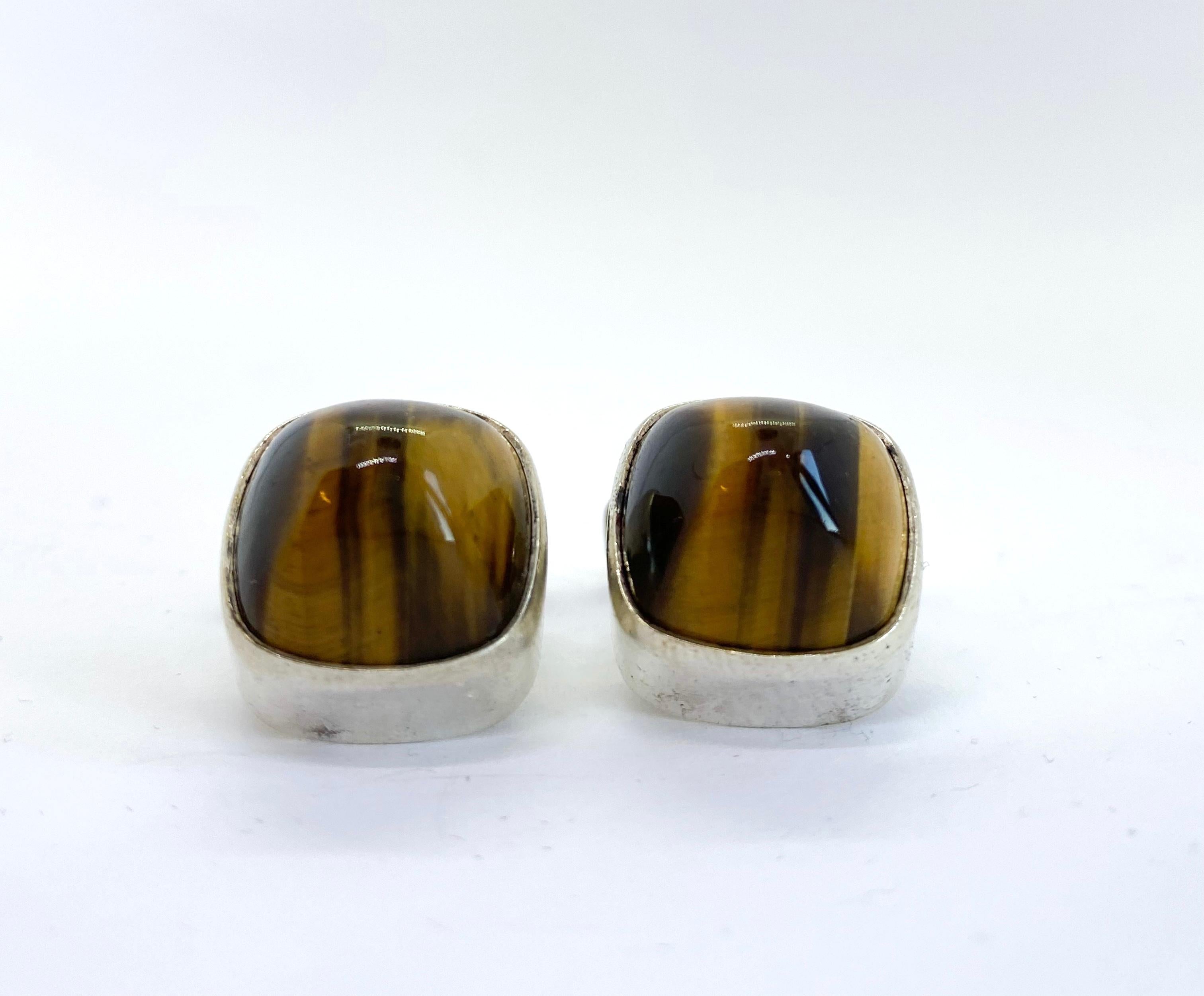Bullet Cut Silver Cufflinks by Elis Kauppi for Kupittaan Kulta, Finland, Tiger Eye Stone