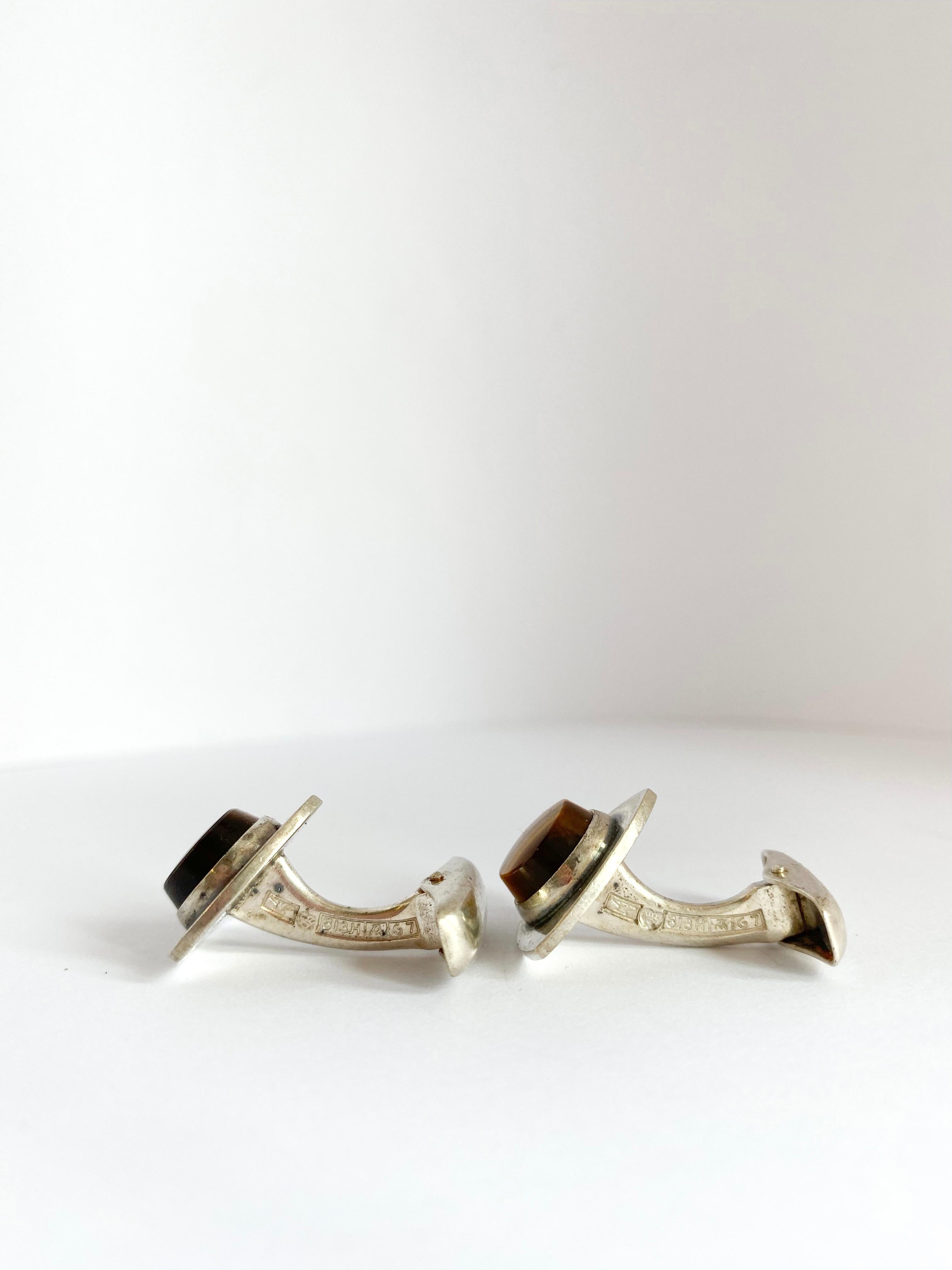 Modernist Silver Cufflinks by Elis Kauppi for Kupittaan Kulta, Finland, Tiger Eye Stone For Sale