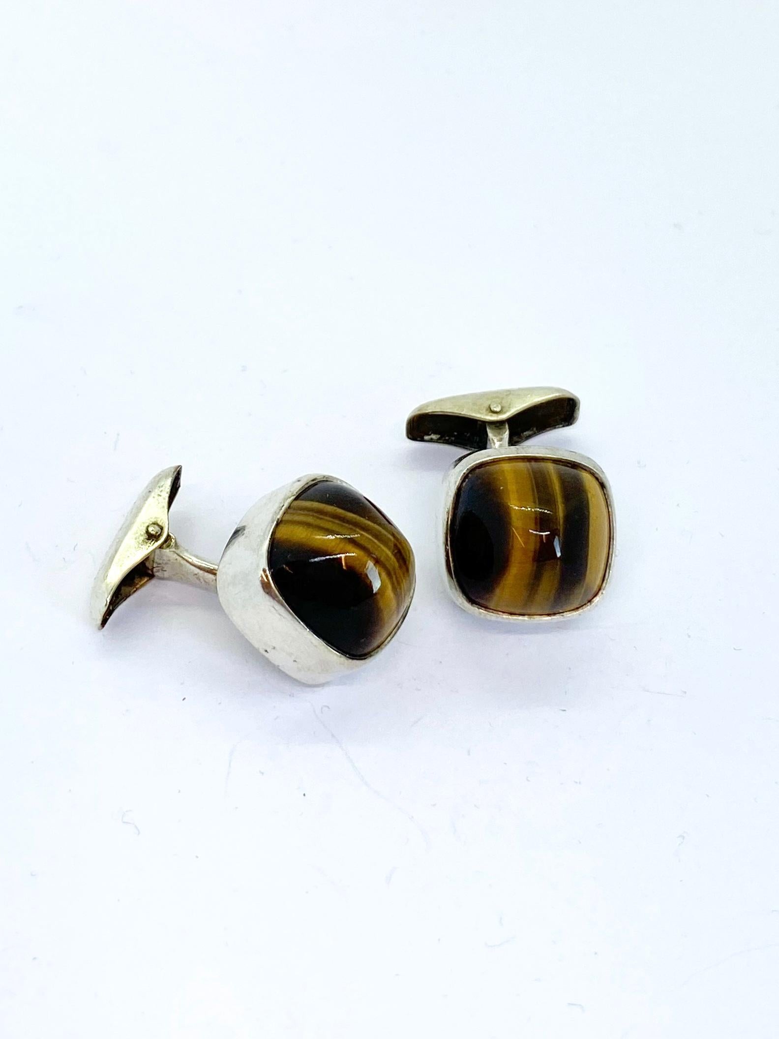 Silver Cufflinks by Elis Kauppi for Kupittaan Kulta, Finland, Tiger Eye Stone In Good Condition In Orimattila, FI