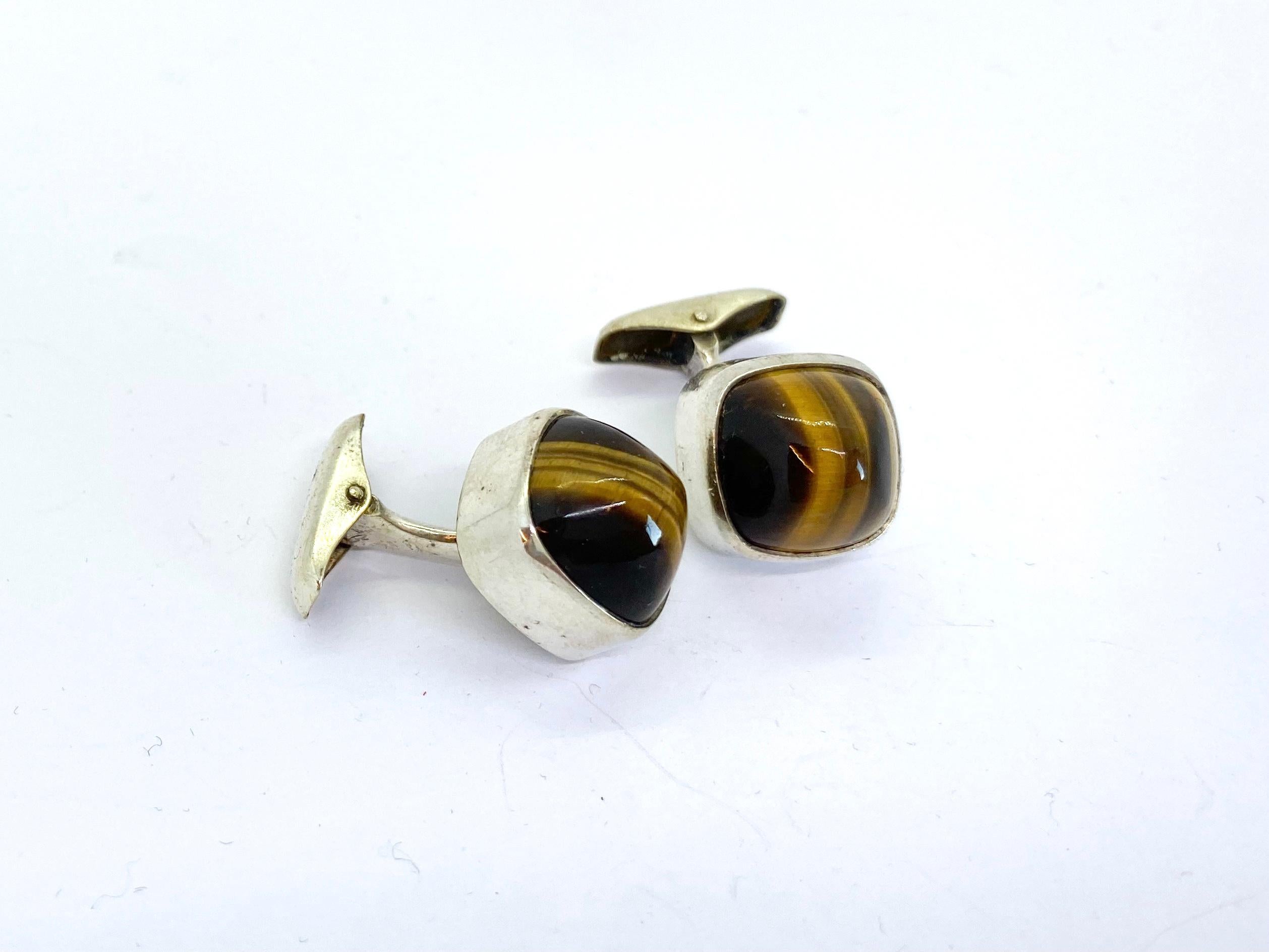 Women's or Men's Silver Cufflinks by Elis Kauppi for Kupittaan Kulta, Finland, Tiger Eye Stone
